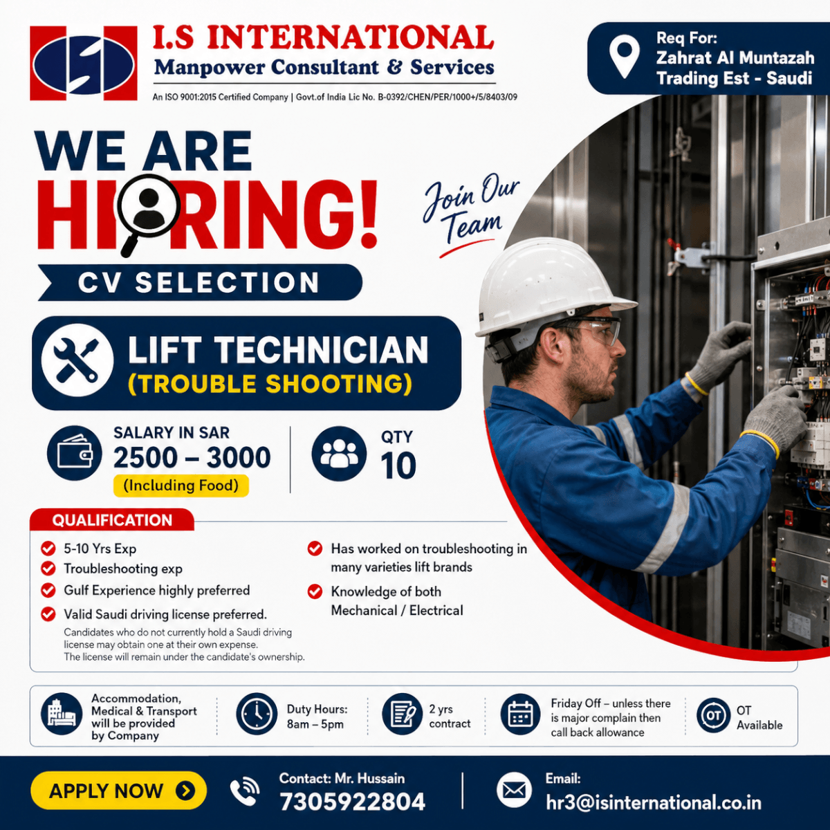 Hiring Lift Technician for Saudi Arabia Hiring Lift Technician for Saudi Arabia