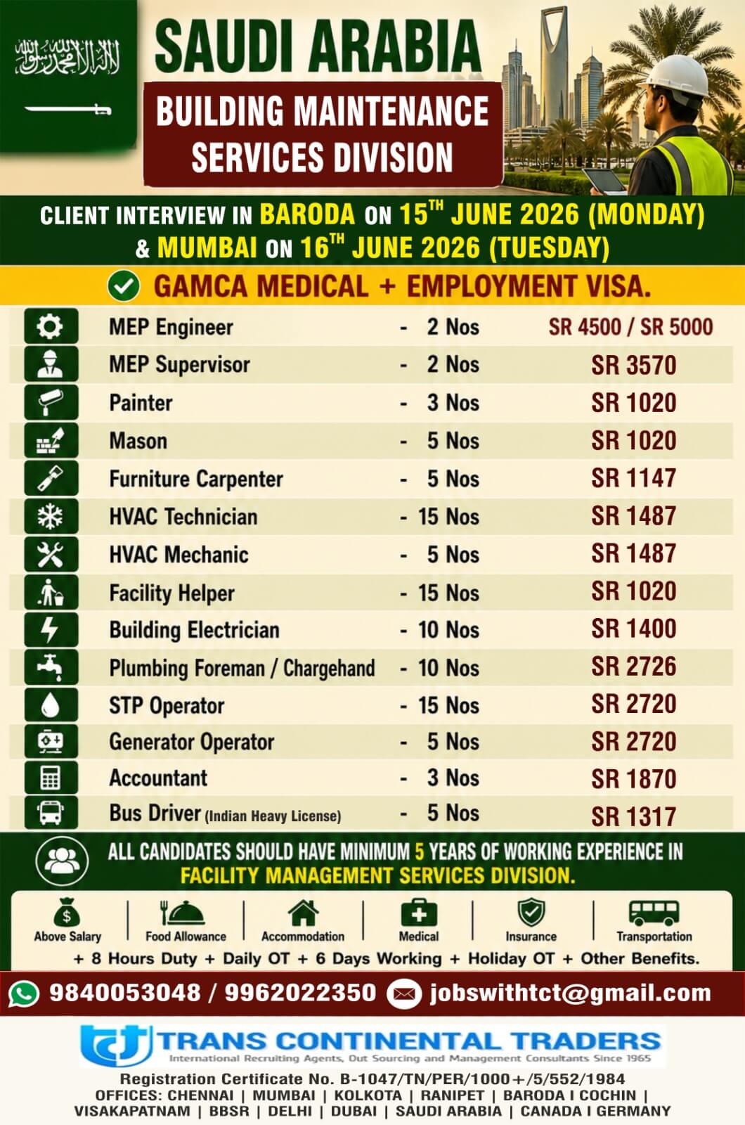 HIRING FOR BUILDING MAINTENANCE SERVICES PROJECT SAUDI ARABIA CLIENT INTERVIEWS IN VADODARA 15TH JUNE 2026 |MUMBAI 16TH JUNE 2026 APPLY NOW HIRING FOR BUILDING MAINTENANCE SERVICES PROJECT SAUDI ARABIA CLIENT INTERVIEWS IN VADODARA 15TH JUNE 2026 |MUMBAI 16TH JUNE 2026 APPLY NOW