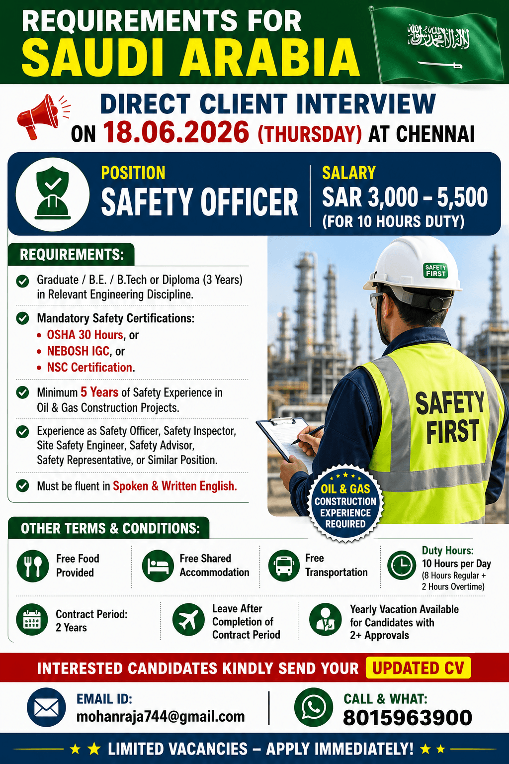 REQUIREMENTS FOR SAUDI - DIRECT CLIENT INTERVIEW ON 18.06.2026 (THURSDAY) AT CHENNAI REQUIREMENTS FOR SAUDI - DIRECT CLIENT INTERVIEW ON 18.06.2026 (THURSDAY) AT CHENNAI