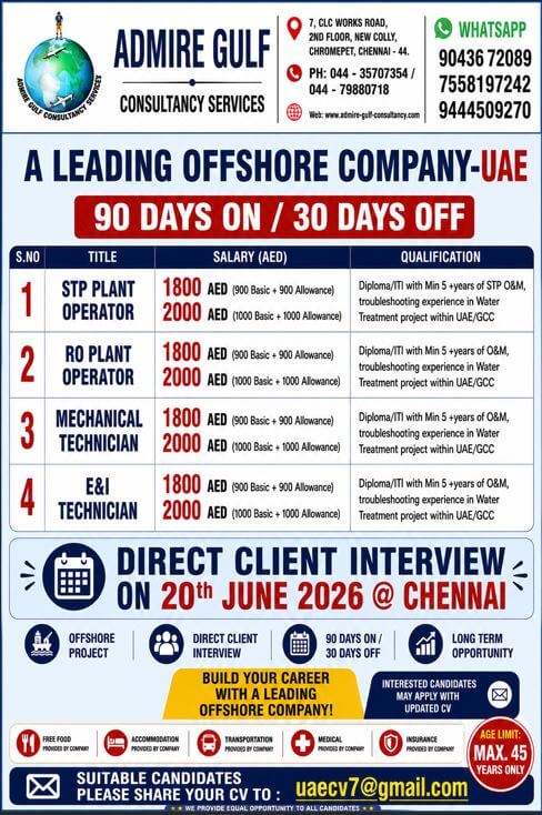 A LEADING OIL & GAS OFFSHORE COMPANY -UAE 90 DAYS ON / 30 DAYS OFF . DIRECT CLIENT INTERVIEW ON 20TH JUNE 2026 @ CHENNAI A LEADING OIL & GAS OFFSHORE COMPANY -UAE 90 DAYS ON / 30 DAYS OFF . DIRECT CLIENT INTERVIEW ON 20TH JUNE 2026 @ CHENNAI