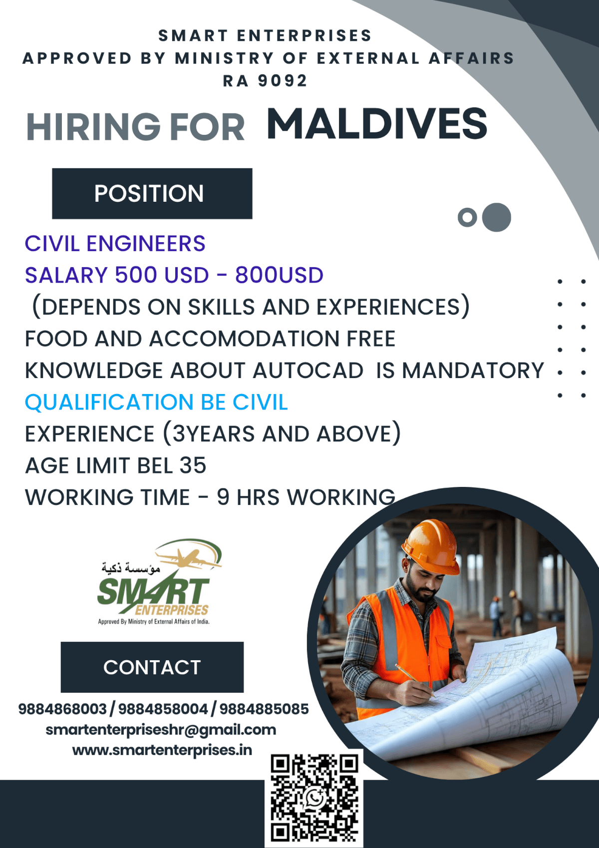 HIRING FOR  MALDIVES