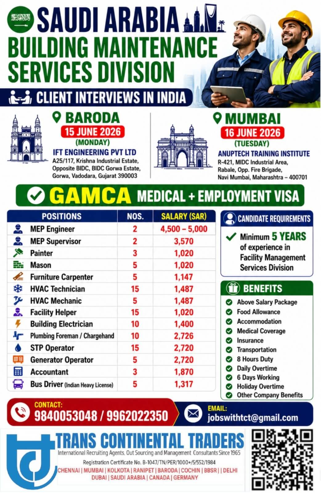 CALL NOW 9840053048 HIRING FOR LEADING BUILDING MAINTENANCE PROJECT | SAUDI ARABIA | CLIENT INTERVIEWS IN VADODARA 15TH JUNE 2026 | MUMBAI 16TH JUNE 2026 CALL NOW 9840053048 HIRING FOR LEADING BUILDING MAINTENANCE PROJECT | SAUDI ARABIA | CLIENT INTERVIEWS IN VADODARA 15TH JUNE 2026 | MUMBAI 16TH JUNE 2026
