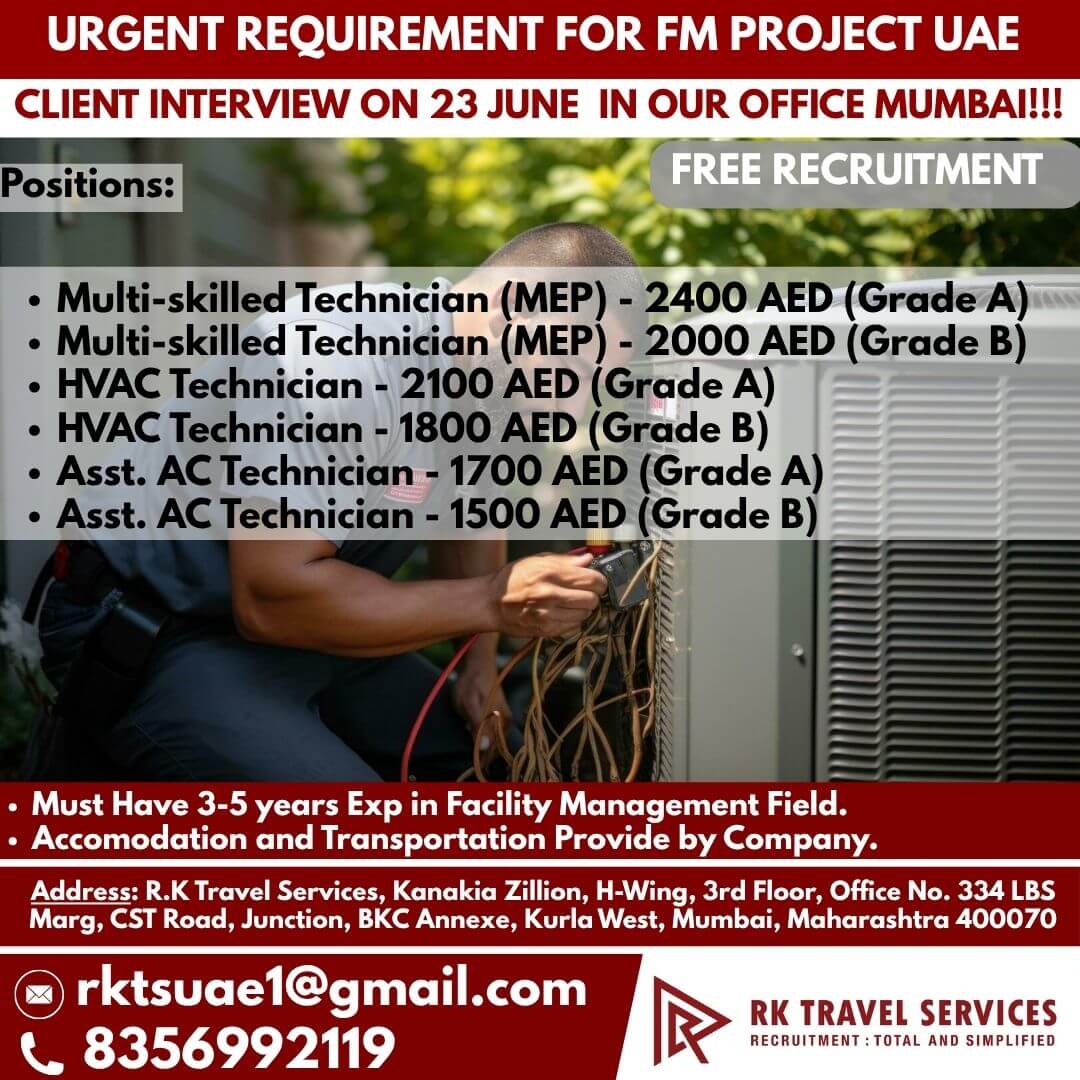 URGENT REQUIREMENT FOR FM PROJECT UAE Client Interview On 24 June In our Office Mumbai!!! FREE RECRUITMENT URGENT REQUIREMENT FOR FM PROJECT UAE Client Interview On 24 June In our Office Mumbai!!! FREE RECRUITMENT