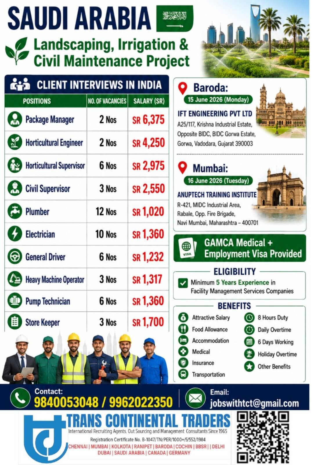 CALL NOW 9962022350 |LANDSCAPE IRRIGATION AND CIVIL MAINTENANCE PROJECT SAUDI ARABIA | CLIENT INTERVIEWS IN VADODARA 15TH JUNE 2026 | MUMBAI 16TH JUNE 2026