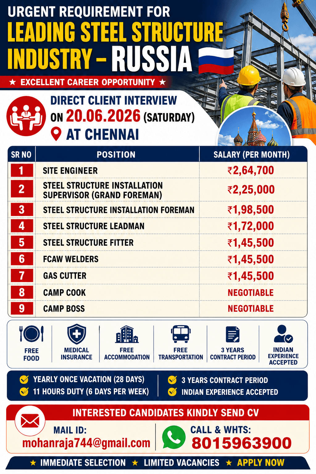REQUIREMENTS FOR “LEADING STEEL STRUCTURE INDUSTRY” RUSSIA  -   DIRECT CLIENT INTERVIEW ON 20.06.2026 (SATURDAY) AT CHENNAI