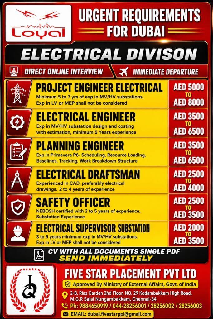 URGENT REQUIREMENT FOR DUBAI -ELECTRICAL DIVISON URGENT REQUIREMENT FOR DUBAI -ELECTRICAL DIVISON