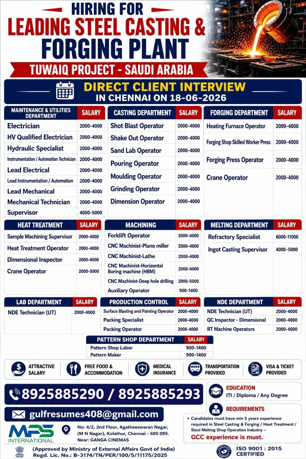 HIRING FOR LEADING STEEL CASTING & FORGING PLANT TUWAIQ PROJECT – SAUDI ARABIA DIRECT CLIENT INTERVIEW IN CHENNAI ON 18-06-2026 HIRING FOR LEADING STEEL CASTING & FORGING PLANT TUWAIQ PROJECT – SAUDI ARABIA DIRECT CLIENT INTERVIEW IN CHENNAI ON 18-06-2026