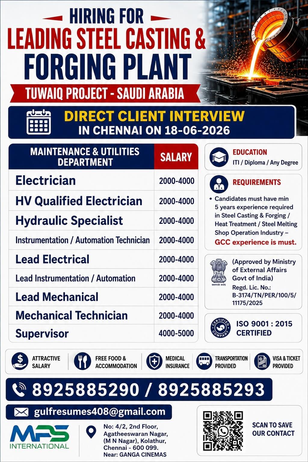 HIRING FOR LEADING STEEL CASTING & FORGING PLANT TUWAIQ PROJECT – SAUDI ARABIA DIRECT CLIENT INTERVIEW IN CHENNAI ON 18-06-2026 HIRING FOR LEADING STEEL CASTING & FORGING PLANT TUWAIQ PROJECT – SAUDI ARABIA DIRECT CLIENT INTERVIEW IN CHENNAI ON 18-06-2026