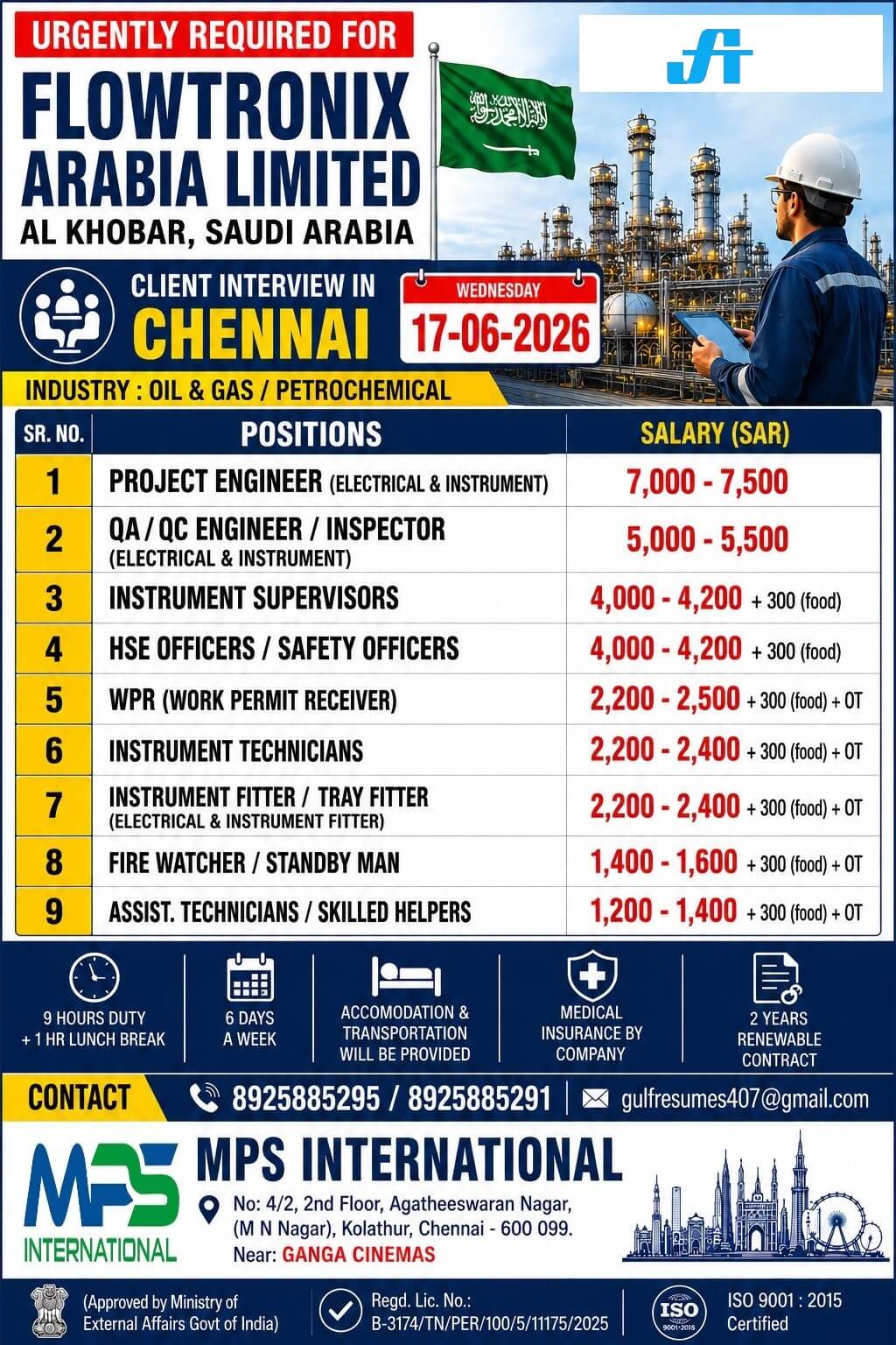 URGENTLY REQUIRED FOR FLOWTRONIX ARABIA LIMITED AL KHOBAR, SAUDI ARABIA CLIENT INTERVIEW IN CHENNAI WEDNESDAY – 17-06-2026 URGENTLY REQUIRED FOR FLOWTRONIX ARABIA LIMITED AL KHOBAR, SAUDI ARABIA CLIENT INTERVIEW IN CHENNAI WEDNESDAY – 17-06-2026