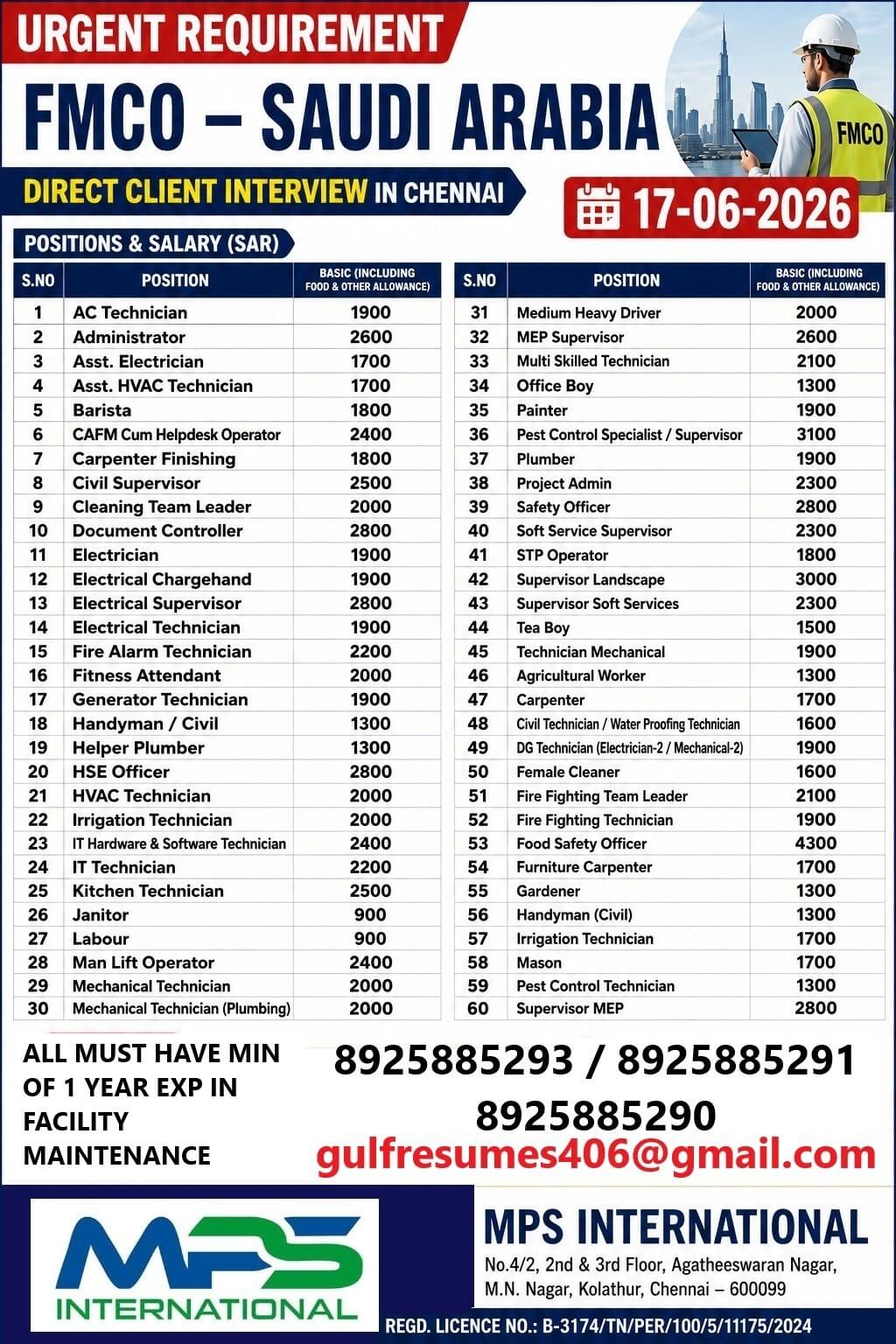 URGENT REQUIREMENT FMCO – SAUDI ARABIA DIRECT CLIENT INTERVIEW IN CHENNAI 17-06-2026 URGENT REQUIREMENT FMCO – SAUDI ARABIA DIRECT CLIENT INTERVIEW IN CHENNAI 17-06-2026