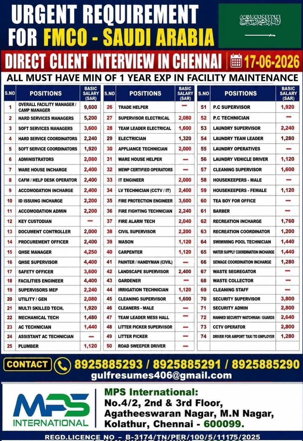 URGENT REQUIREMENT FMCO – SAUDI ARABIA DIRECT CLIENT INTERVIEW IN CHENNAI 17-06-2026 URGENT REQUIREMENT FMCO – SAUDI ARABIA DIRECT CLIENT INTERVIEW IN CHENNAI 17-06-2026