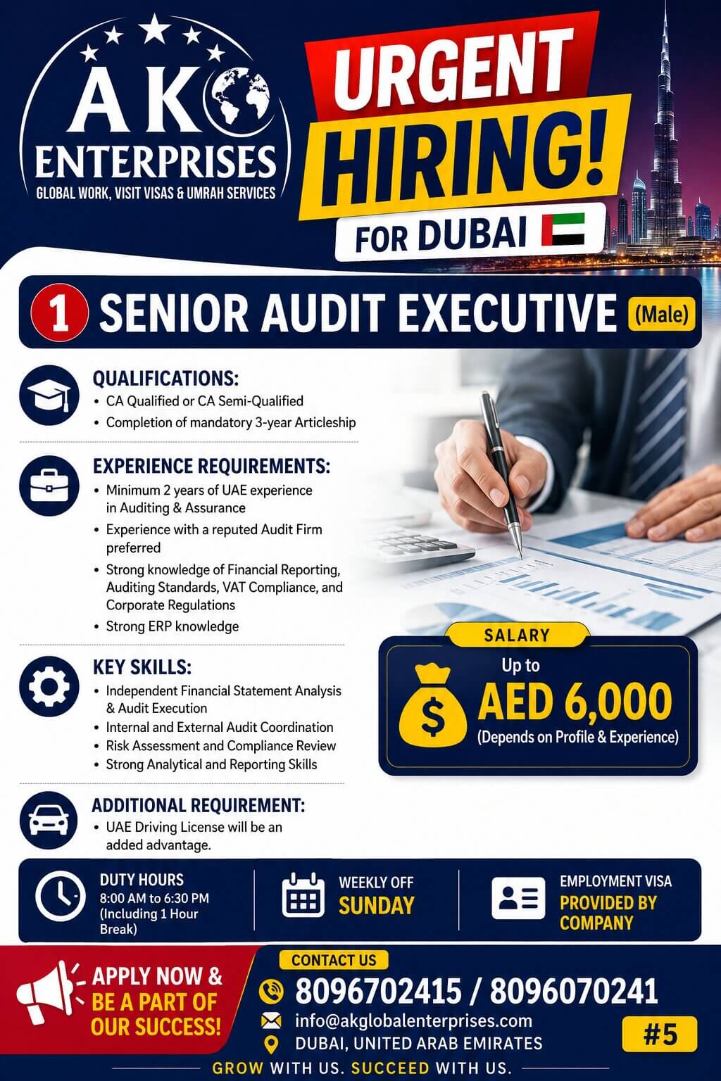 Urgent Hiring for Dubai Senior Audit Executive (Male) Urgent Hiring for Dubai Senior Audit Executive (Male)