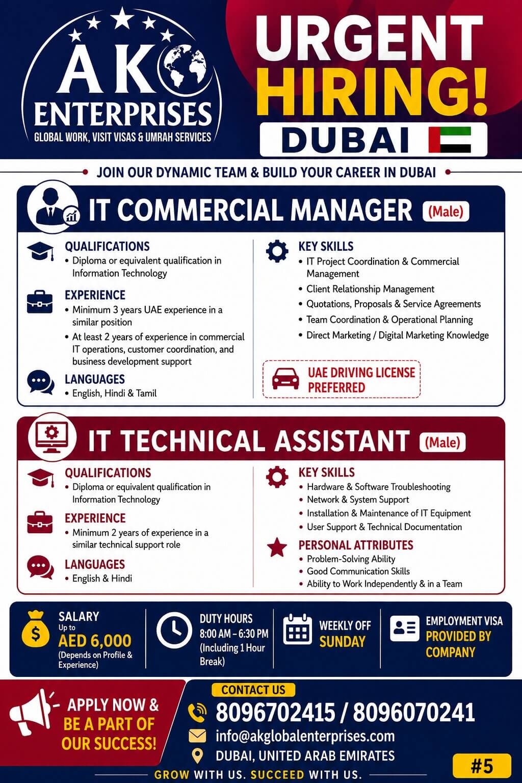 Urgently Hiring for Dubai- IT COMMERCIAL MANAGER (Male) IT TECHNICAL ASSISTANT (Male) Urgently Hiring for Dubai- IT COMMERCIAL MANAGER (Male) IT TECHNICAL ASSISTANT (Male)