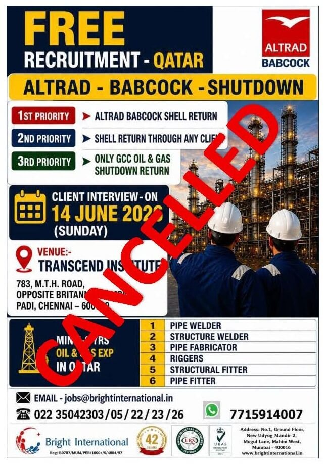 CANCELLED - FREE RECRUITMENT FOR SHELL QATAR – SHORT TERM PROJECT CANCELLED - FREE RECRUITMENT FOR SHELL QATAR – SHORT TERM PROJECT