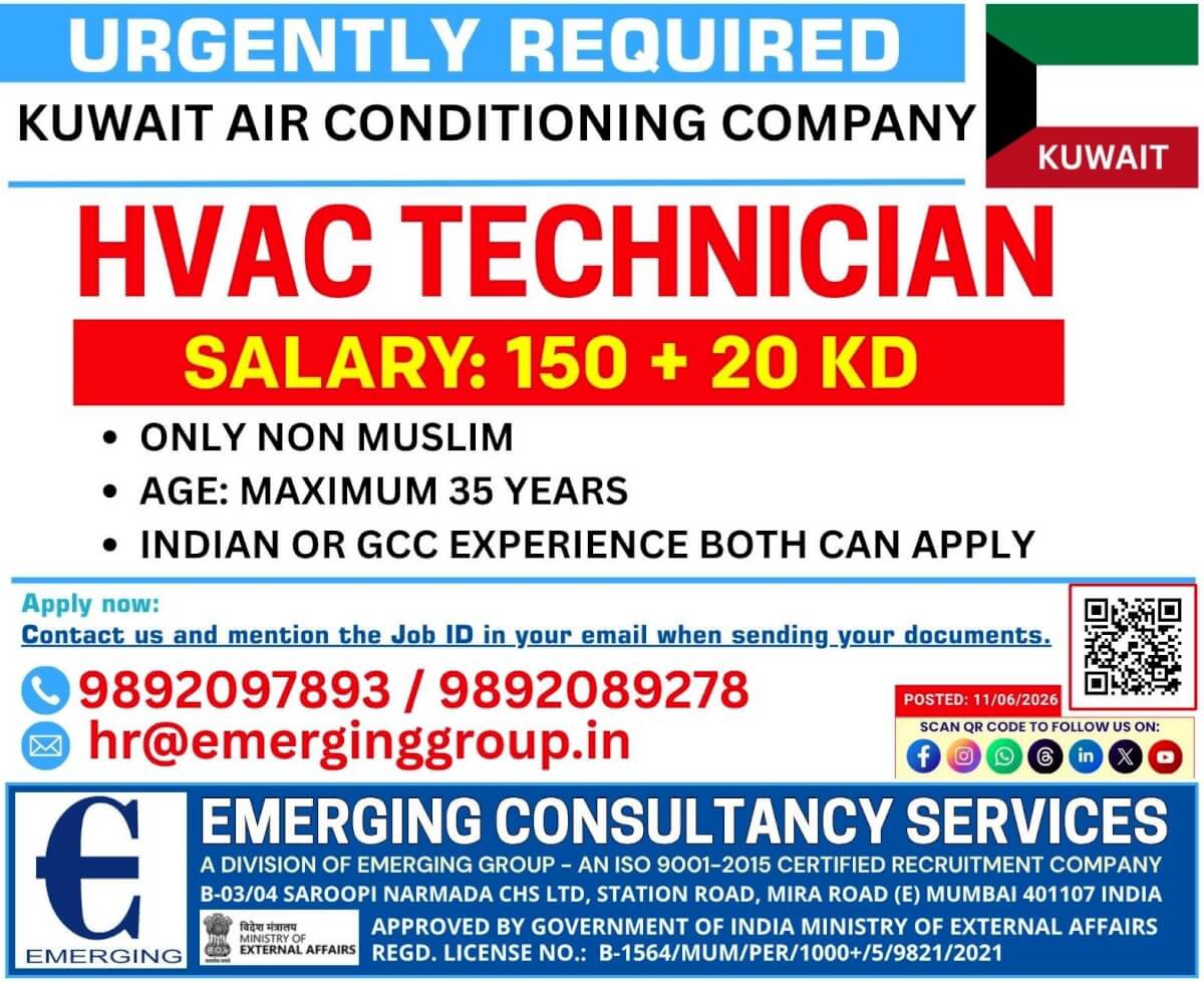 URGENTLY REQUIRED FOR KUWAIT (AIR CONDITIONING COMPANY) ONLINE INTERVIEW URGENTLY REQUIRED FOR KUWAIT (AIR CONDITIONING COMPANY) ONLINE INTERVIEW