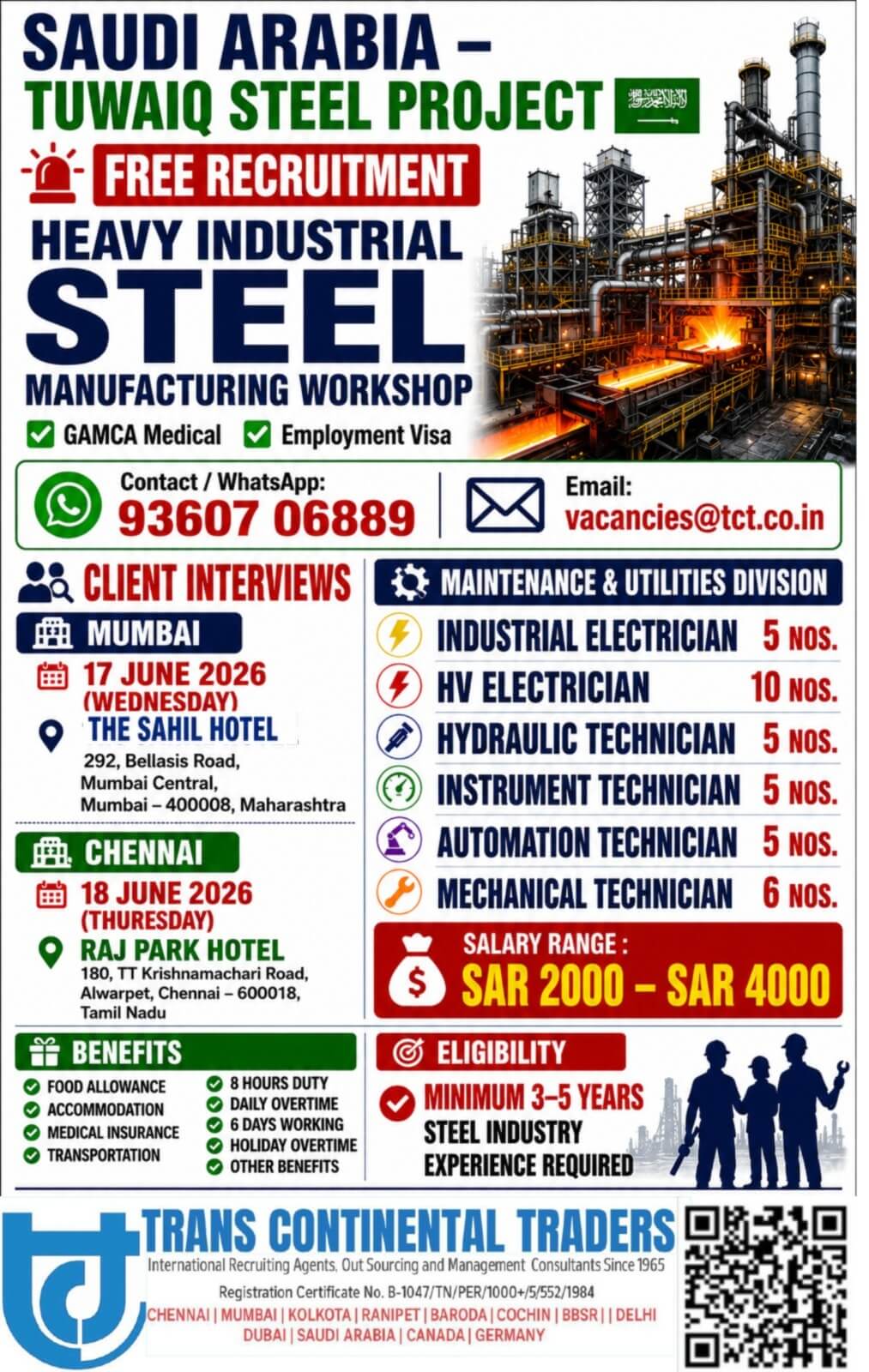 HIRING FOR TUWAIQ STEEL PROJECT SAUDI ARABIA | CLIENT FACE TO FACE INTERVIEWS IN MUMBAI 17TH JUNE 2026 | CHENNAI 18TH JUNE 2026 APPLY NOW 9840053048 HIRING FOR TUWAIQ STEEL PROJECT SAUDI ARABIA | CLIENT FACE TO FACE INTERVIEWS IN MUMBAI 17TH JUNE 2026 | CHENNAI 18TH JUNE 2026 APPLY NOW 9840053048