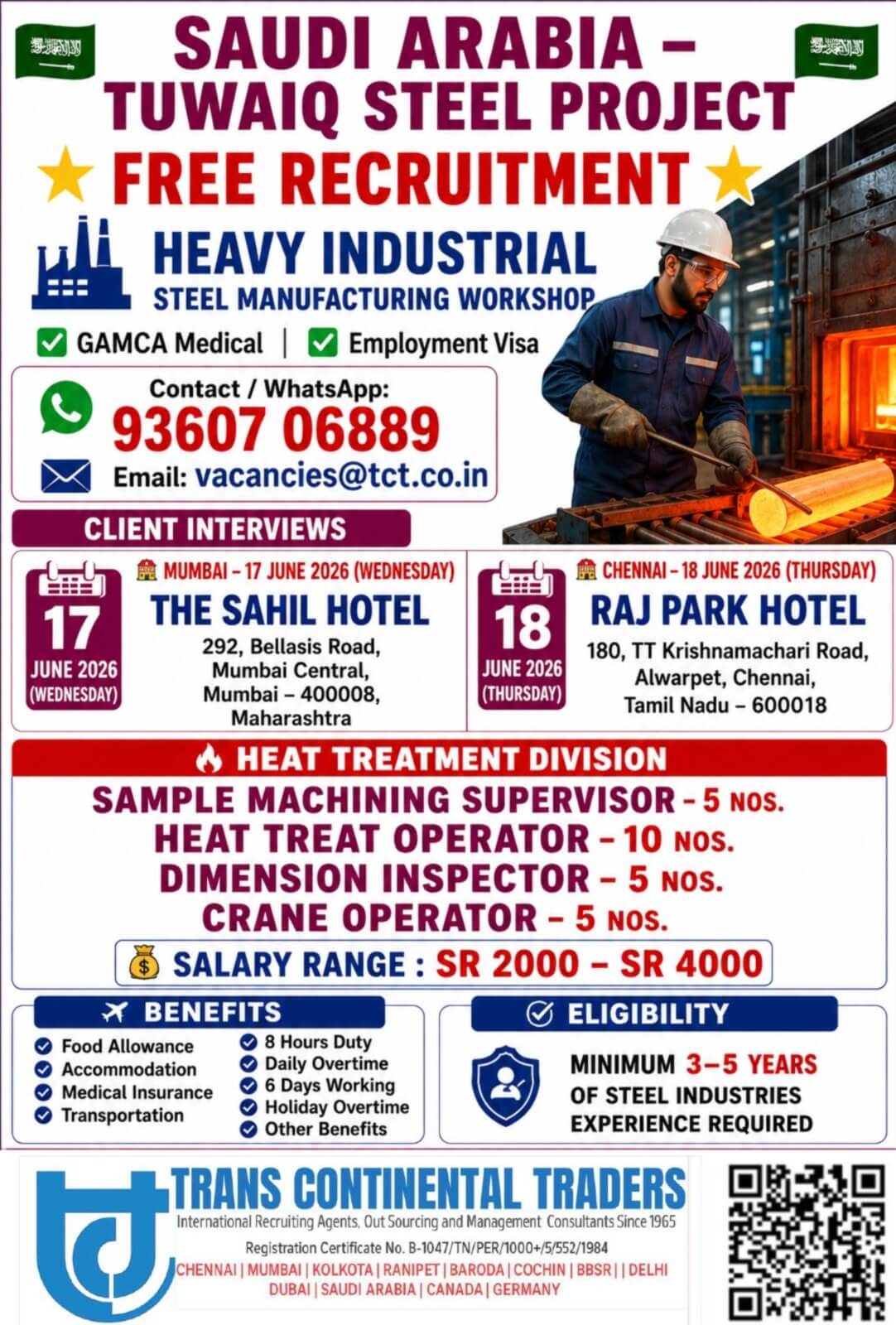 HIRING FOR TUWAIQ STEEL PROJECT SAUDI ARABIA | CLIENT INTERVIEWS IN MUMBAI 17TH JUNE 2026 | CHENNAI 18TH JUNE 2026 CALL MORE INFO 9360706889 | 9962022350 HIRING FOR TUWAIQ STEEL PROJECT SAUDI ARABIA | CLIENT INTERVIEWS IN MUMBAI 17TH JUNE 2026 | CHENNAI 18TH JUNE 2026 CALL MORE INFO 9360706889 | 9962022350