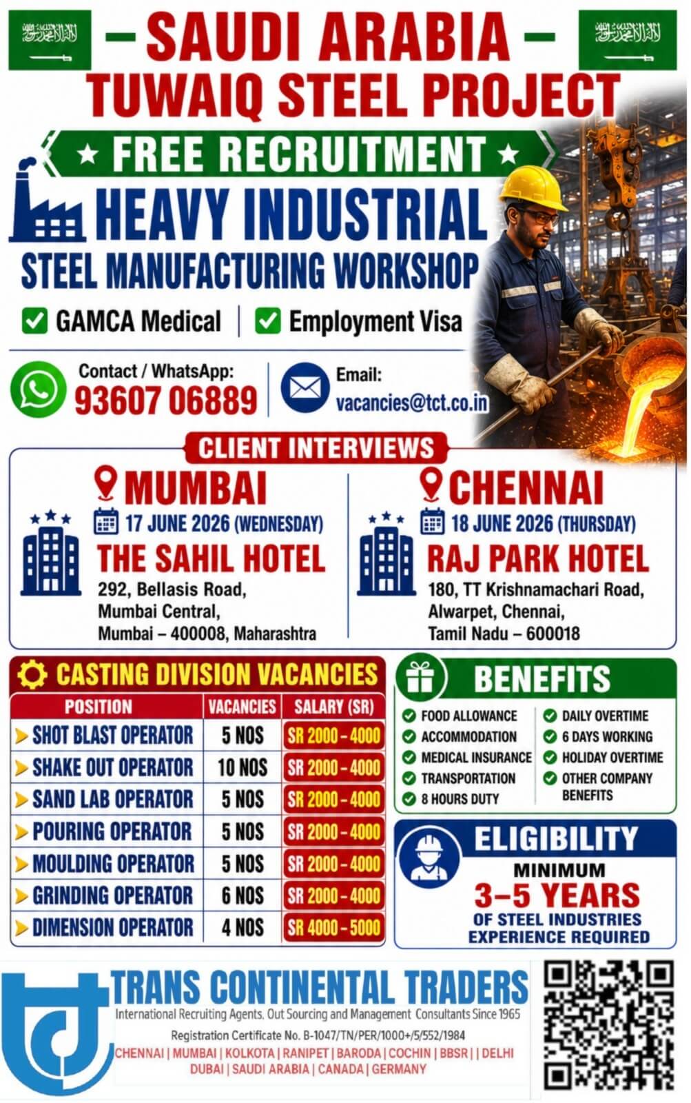 HIRING FOR TUWAIQ STEEL PROJECT SAUDI ARABIA | CLIENT FACE TO FACE INTERVIEWS IN MUMBAI 17TH JUNE 2026 | CHENNAI 18TH JUNE 2026 HIRING FOR TUWAIQ STEEL PROJECT SAUDI ARABIA | CLIENT FACE TO FACE INTERVIEWS IN MUMBAI 17TH JUNE 2026 | CHENNAI 18TH JUNE 2026