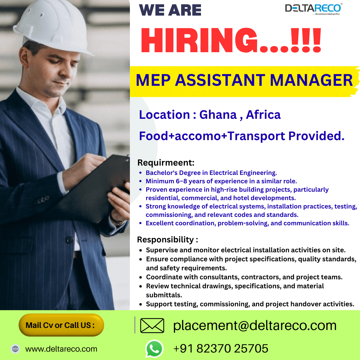 Hiring MEP Assistant Manager for Ghana Africa Hiring MEP Assistant Manager for Ghana Africa