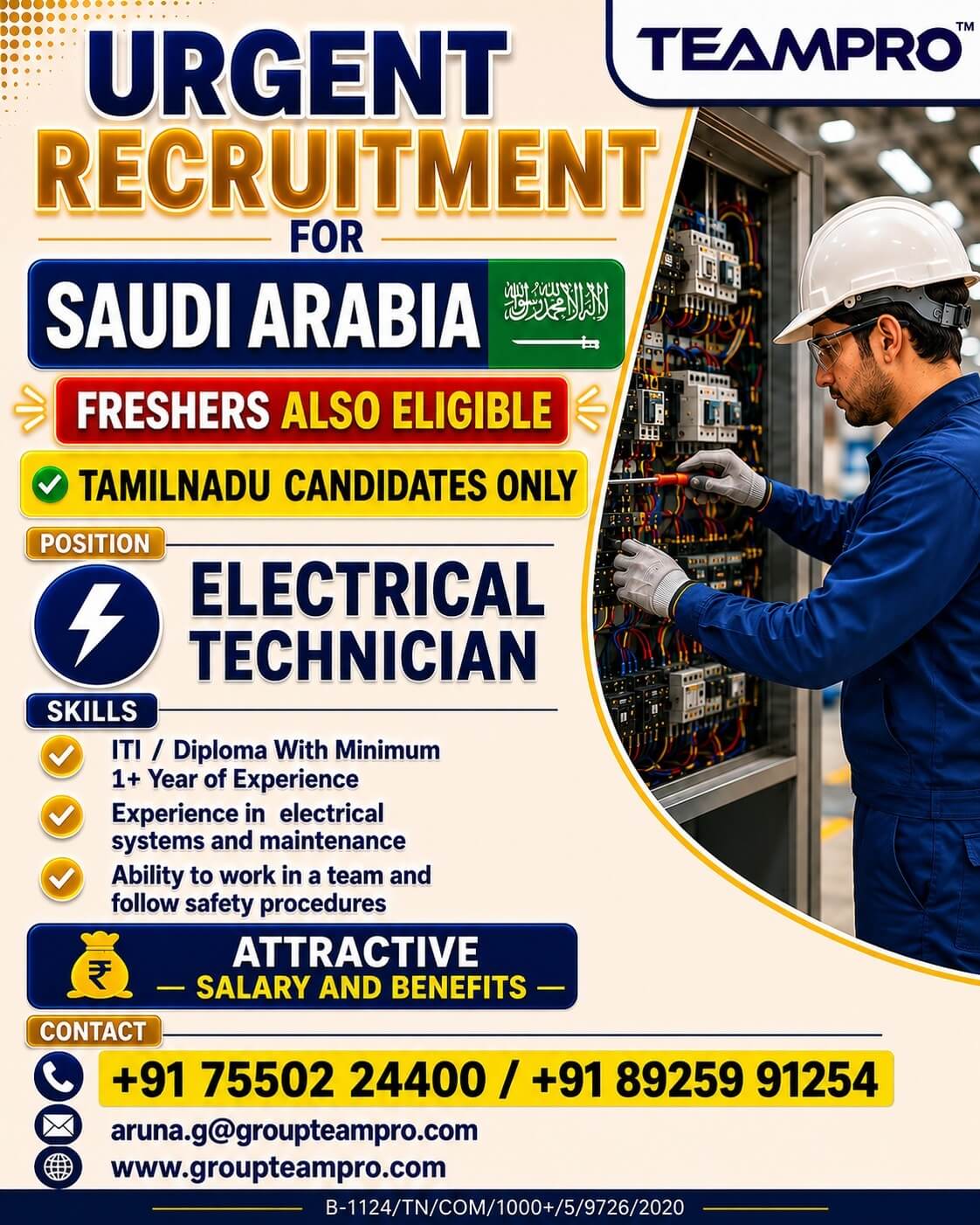 ? URGENT HIRING – ELECTRICAL TECHNICIAN | SAUDI ARABIA ?? ? URGENT HIRING – ELECTRICAL TECHNICIAN | SAUDI ARABIA ??