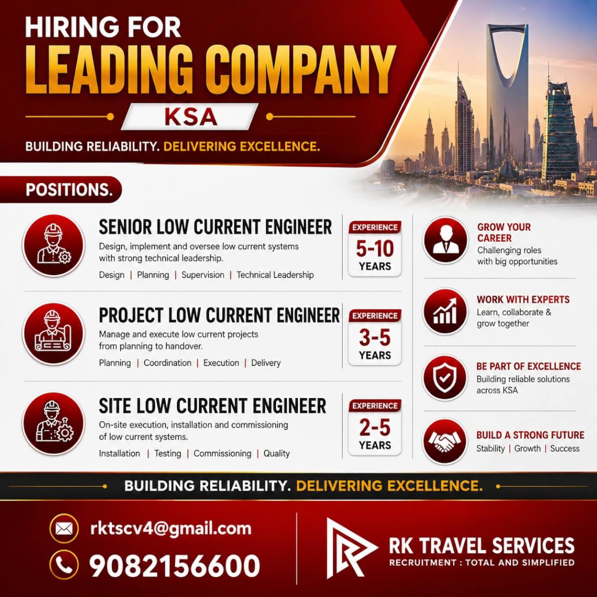 ? We're Hiring for a Leading Company in KSA! Exciting opportunities are available for experienced Low Current Engineers to join a reputed organization in the Kingdom of Saudi Arabia. ? We're Hiring for a Leading Company in KSA! Exciting opportunities are available for experienced Low Current Engineers to join a reputed organization in the Kingdom of Saudi Arabia.
