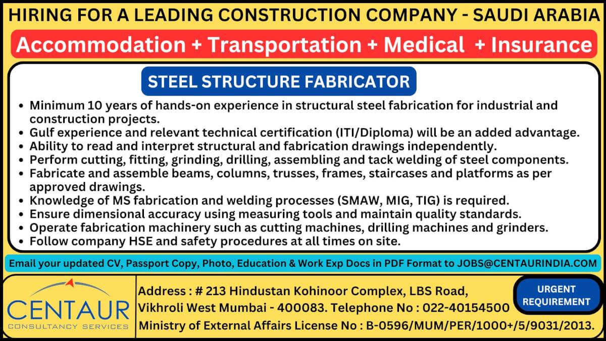 Hiring for a leading construction company - Saudi Arabia