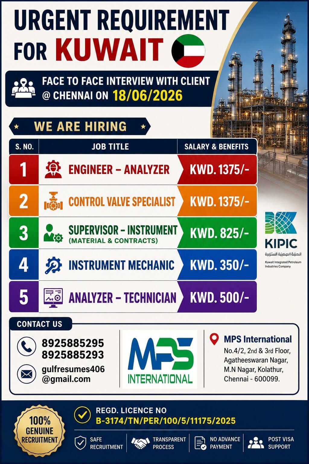 URGENT REQUIREMENT FOR KUWAIT FACE TO FACE INTERVIEW WITH CLIENT @ CHENNAI ON 18/06/2026 URGENT REQUIREMENT FOR KUWAIT FACE TO FACE INTERVIEW WITH CLIENT @ CHENNAI ON 18/06/2026
