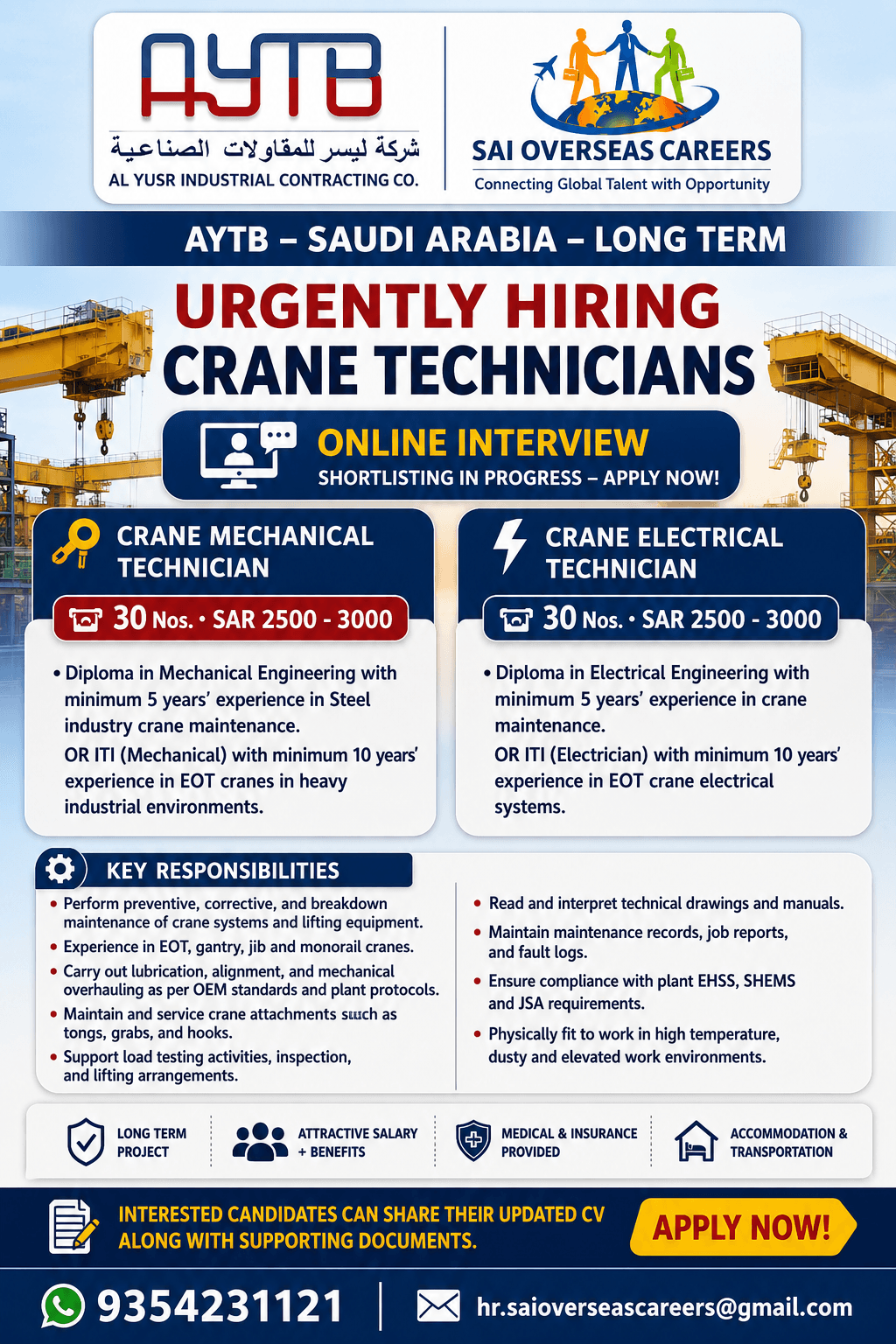 Urgently Hiring – Crane Technicians for Saudi Arabia (Long-Term Project)