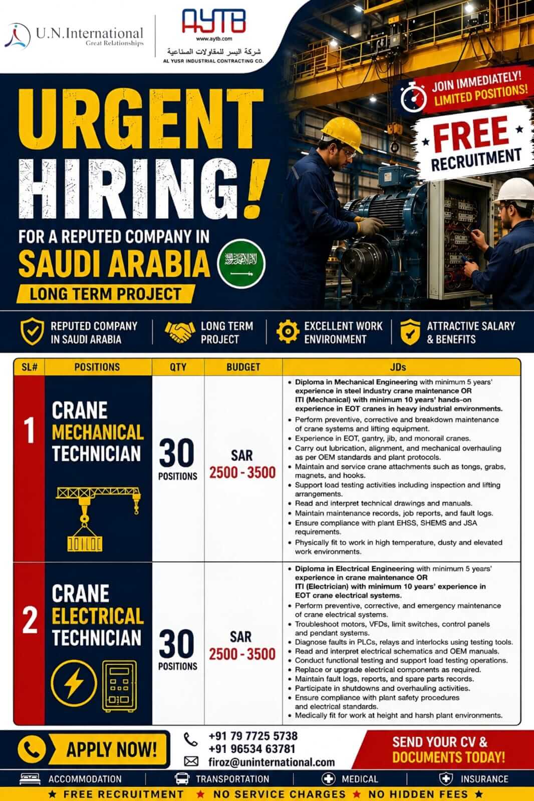 ? Urgent Hiring – Saudi Arabia ??    We are hiring for a reputed company in Saudi Arabia for a long-term project.