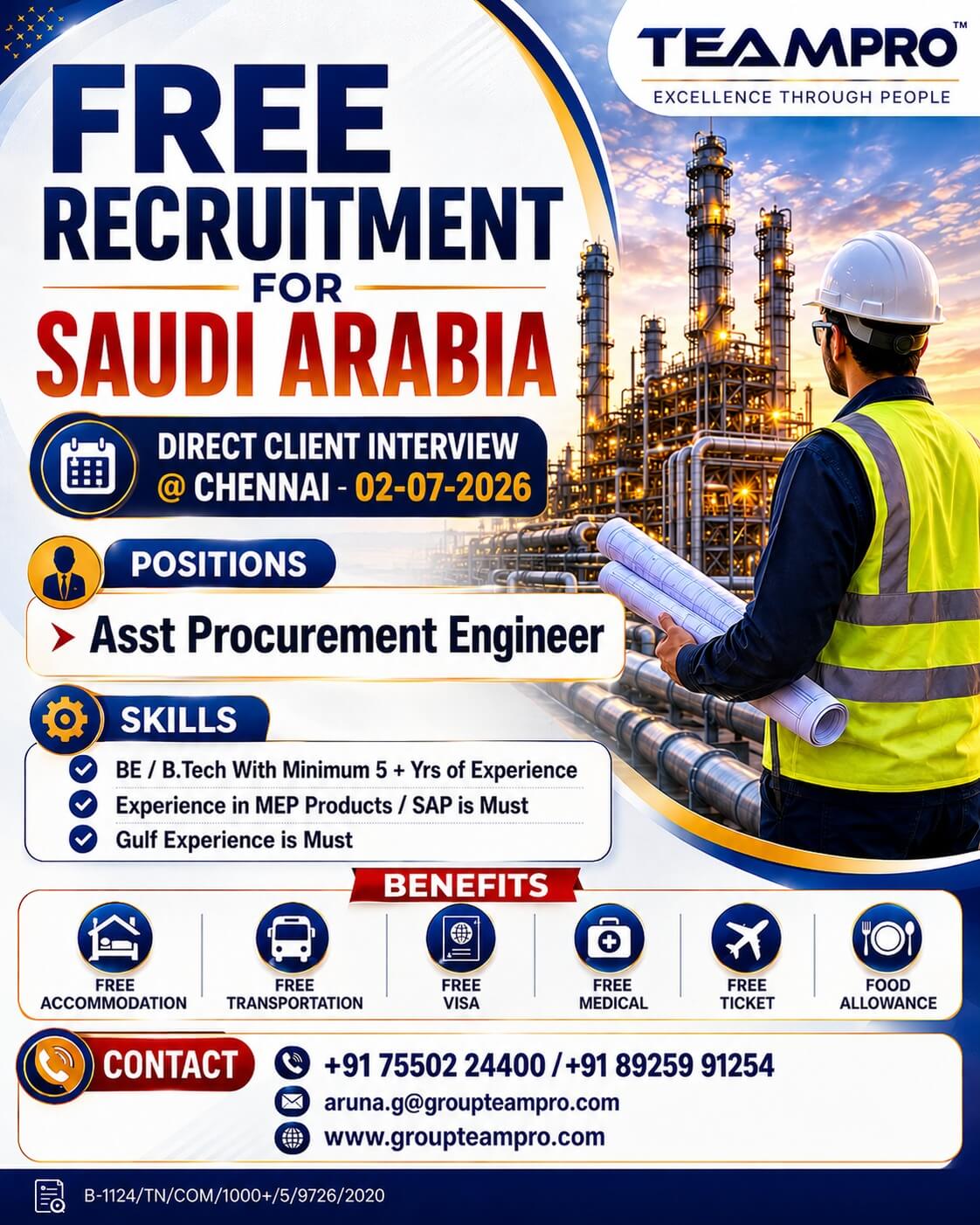FREE RECRUITMENT FOR SAUDI ARABIA Position: Assistant Procurement Engineer Location: Saudi Arabia FREE RECRUITMENT FOR SAUDI ARABIA Position: Assistant Procurement Engineer Location: Saudi Arabia