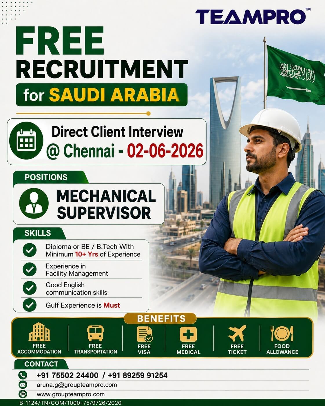 ? FREE RECRUITMENT FOR SAUDI ARABIA ?? ? Position: Mechanical Supervisor ? Direct Client Interview @ Chennai – 02-07-2026 ? FREE RECRUITMENT FOR SAUDI ARABIA ?? ? Position: Mechanical Supervisor ? Direct Client Interview @ Chennai – 02-07-2026
