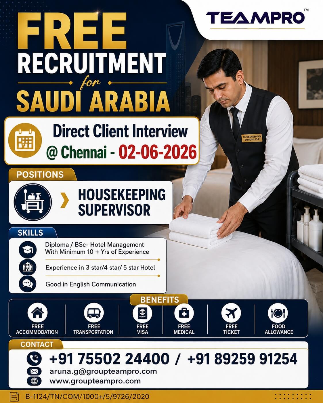 ? FREE RECRUITMENT FOR SAUDI ARABIA ?? ? Position: Housekeeping Supervisor ? Direct Client Interview @ Chennai – 02-07-2026 ? FREE RECRUITMENT FOR SAUDI ARABIA ?? ? Position: Housekeeping Supervisor ? Direct Client Interview @ Chennai – 02-07-2026