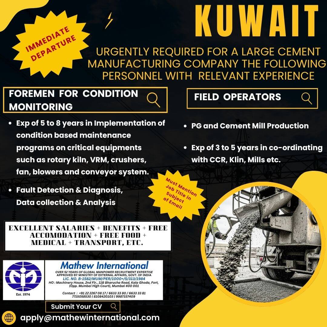 URGENTLY REQUIRED FOR A LARGE CEMENT MANUFACTURING COMPANY THE FOLLOWING PERSONNEL WITH RELEVANT EXPERIENCE Position: