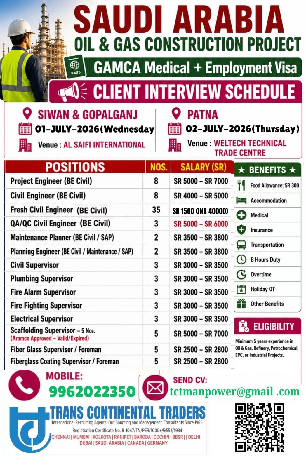 HIRING FOR OIL AND GAS CIVIL CONSTRUCTION PROJECT | CLIENT INTERVIEWS IN MUMBAI 29TH JUNE 2026 | SIWAN & GOPALGANJ 01 ST JULY 2026 | PATNA 02ND JULY 2026  CALL FOR MORE DETAILS 9962022350