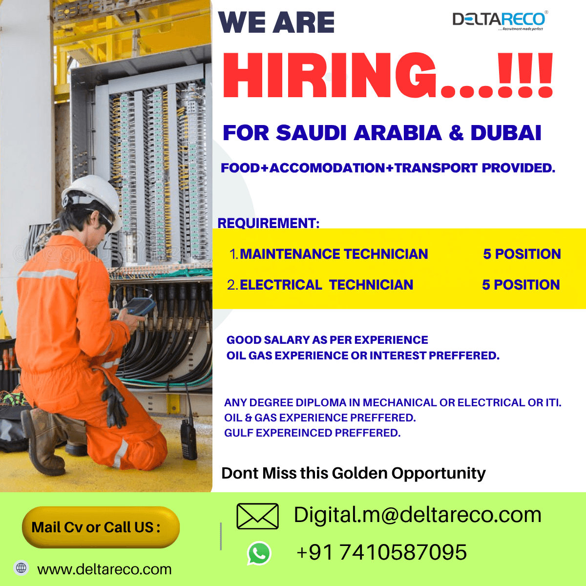 Hiring  Maintenance Technician  and Electrical Technician