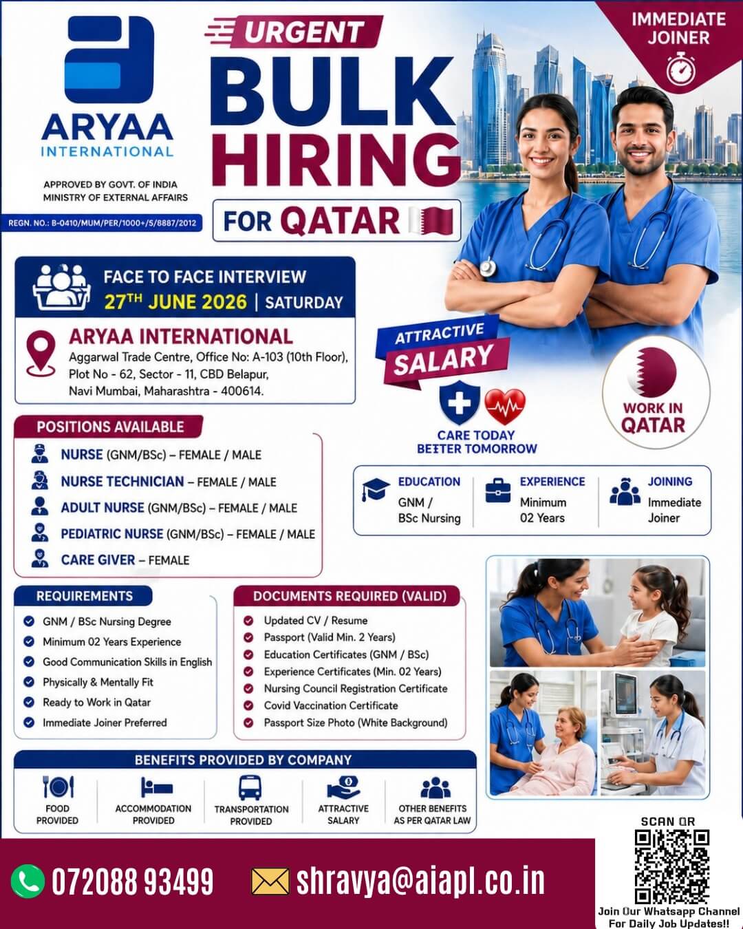 Urgent Bulk Hiring for Qatar. Aryaa International is conducting face to face interviews for multiple nursing and caregiving positions.
