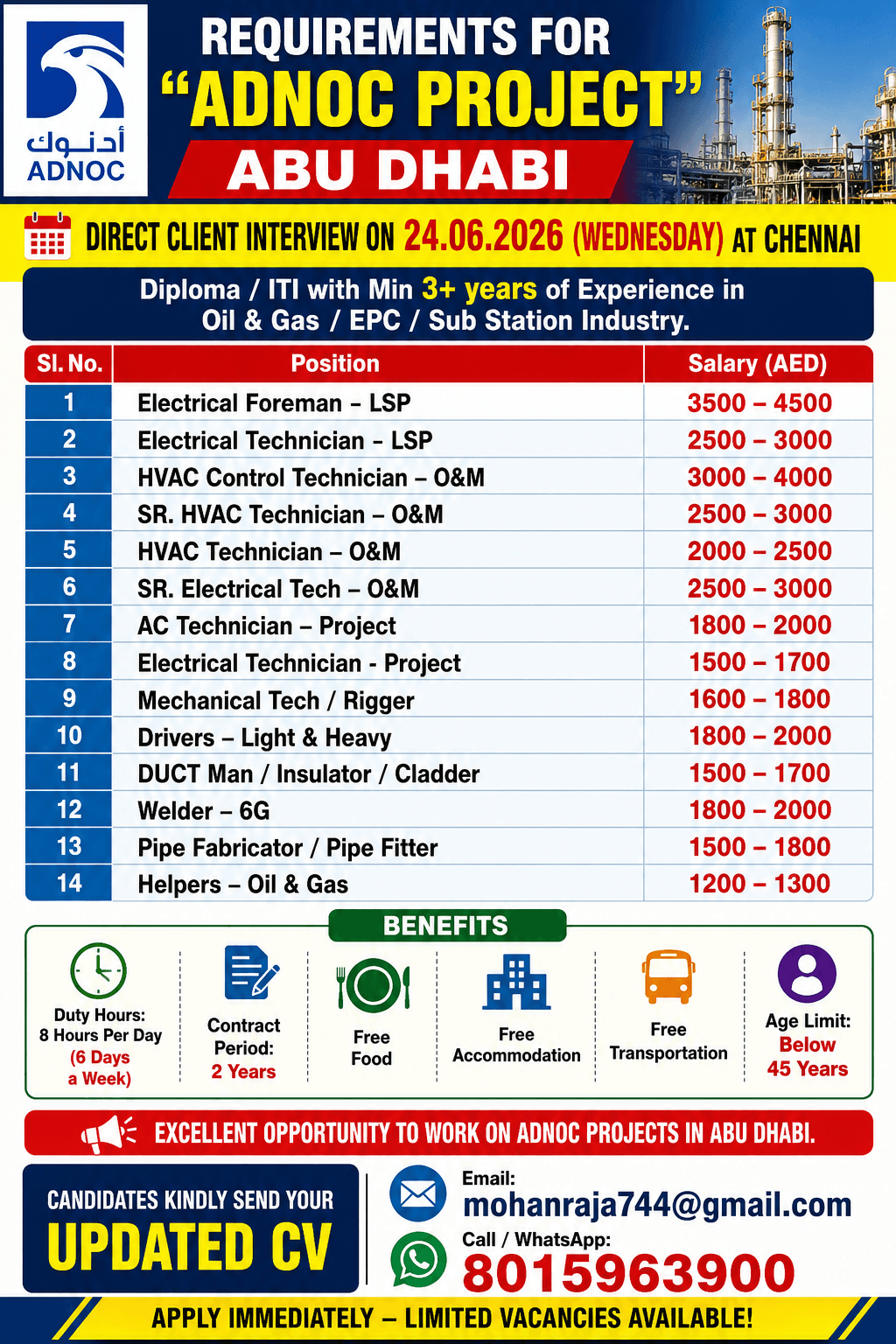 REQUIREMENTS FOR “ADNOC PROJECT” ABUDHABI - DIRECT CLIENT INTERVIEW ON 24.06.2026 (WEDNESDAY) AT CHENNAI REQUIREMENTS FOR “ADNOC PROJECT” ABUDHABI - DIRECT CLIENT INTERVIEW ON 24.06.2026 (WEDNESDAY) AT CHENNAI