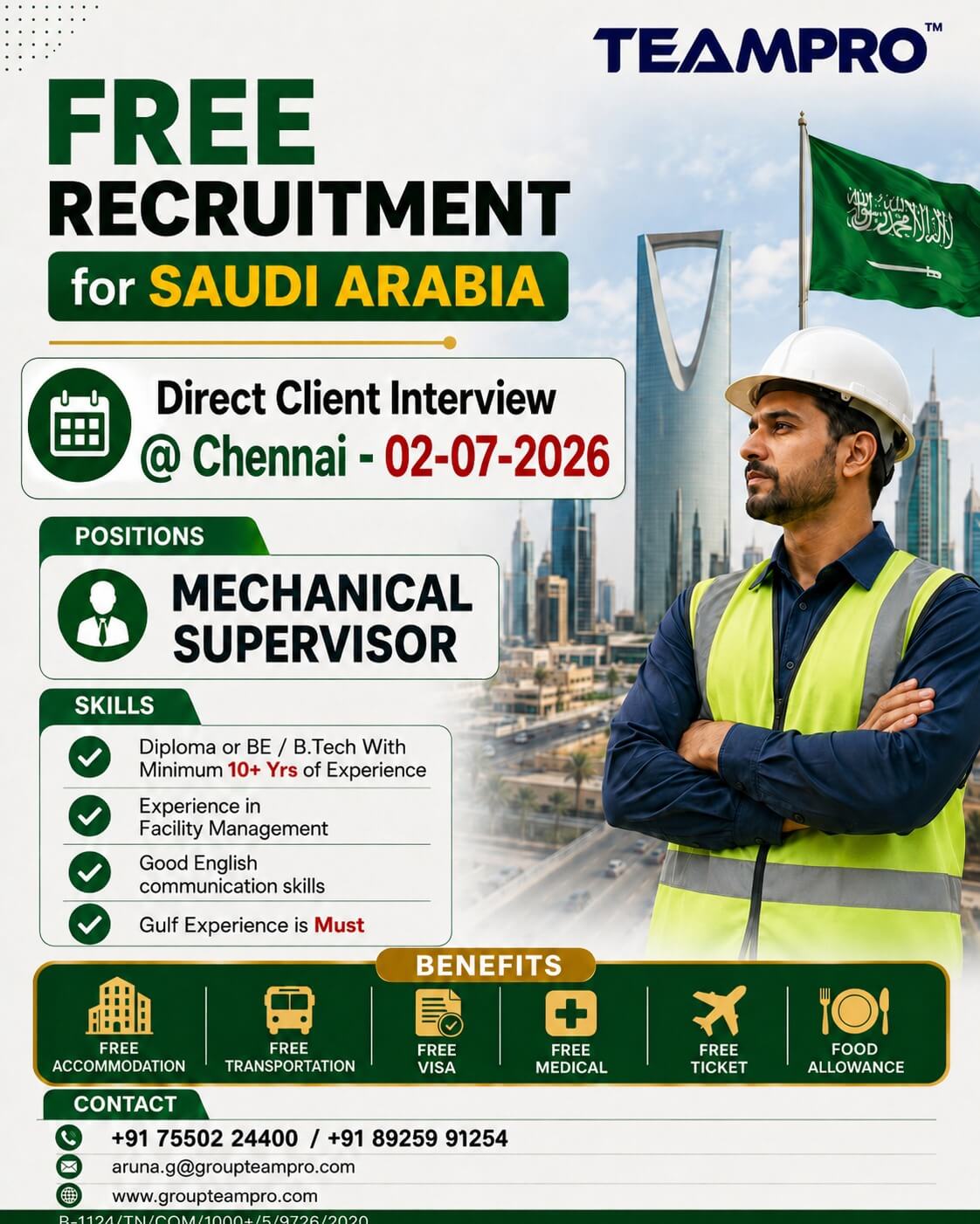 ? FREE RECRUITMENT FOR SAUDI ARABIA ?? ? Position: Mechanical Supervisor ? Direct Client Interview @ Chennai – 02-07-2026 ? FREE RECRUITMENT FOR SAUDI ARABIA ?? ? Position: Mechanical Supervisor ? Direct Client Interview @ Chennai – 02-07-2026