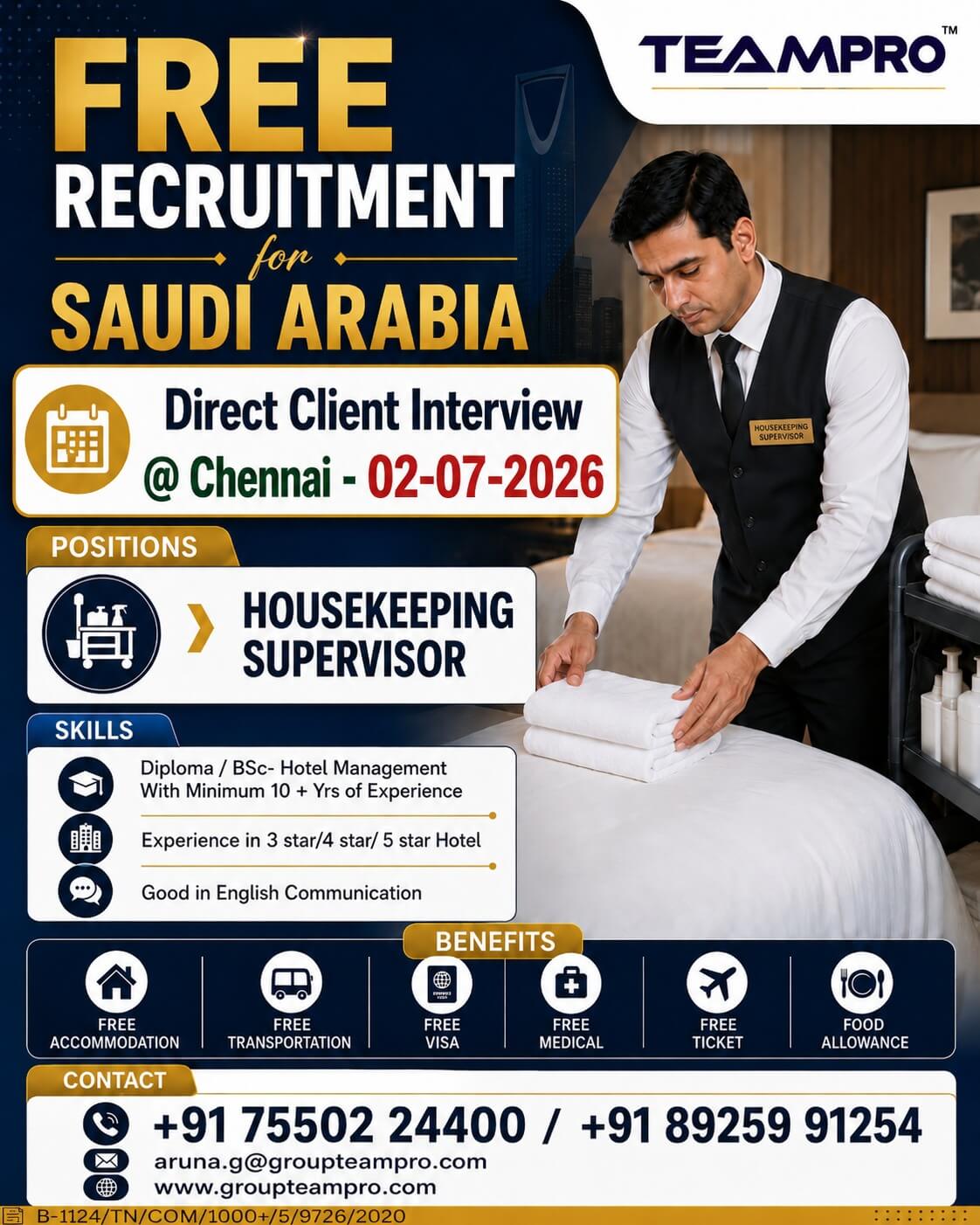 ? FREE RECRUITMENT FOR SAUDI ARABIA ??  ? Position: Housekeeping Supervisor ? Direct Client Interview @ Chennai – 02-07-2026