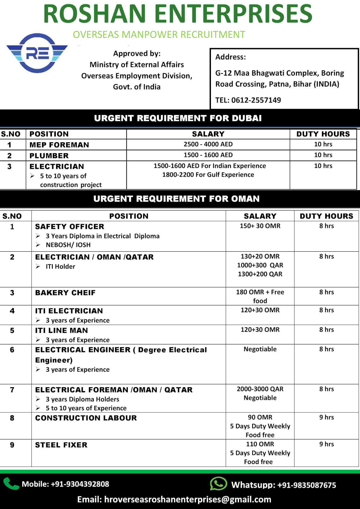 URGENT REQUIREMENT FOR OMAN/ QATAR/DUBAI URGENT REQUIREMENT FOR OMAN/ QATAR/DUBAI