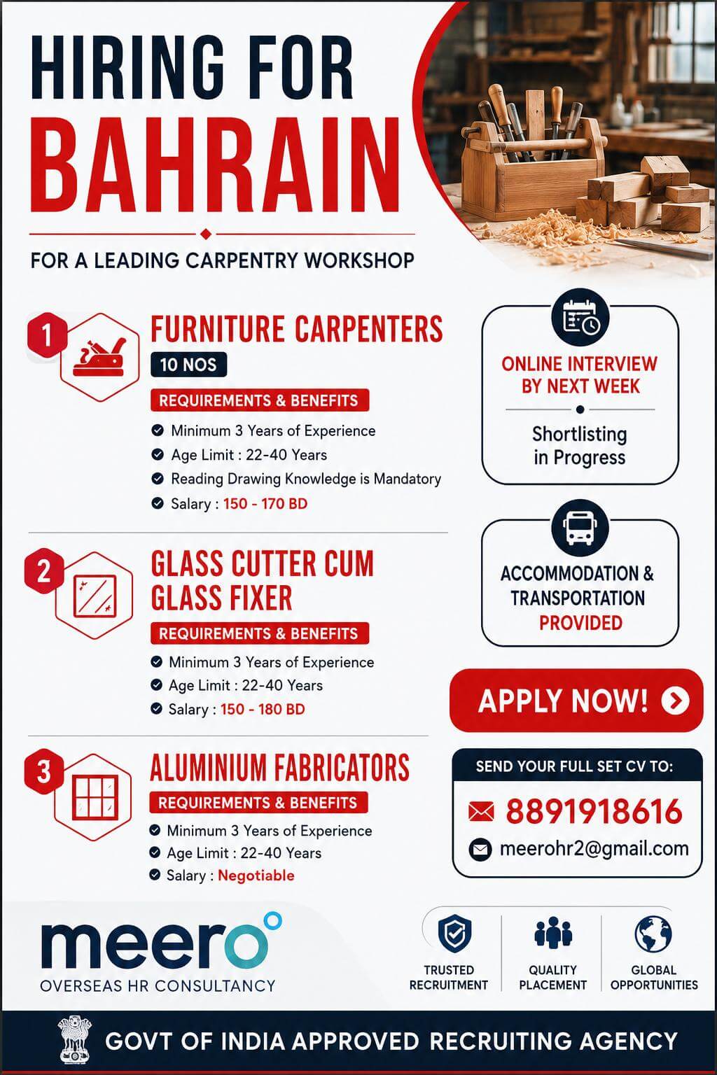 FINISHING CARPENTERS, ALUMINIUM FABRICATORS AND GLASS CUTTER CUM FIXER FINISHING CARPENTERS, ALUMINIUM FABRICATORS AND GLASS CUTTER CUM FIXER