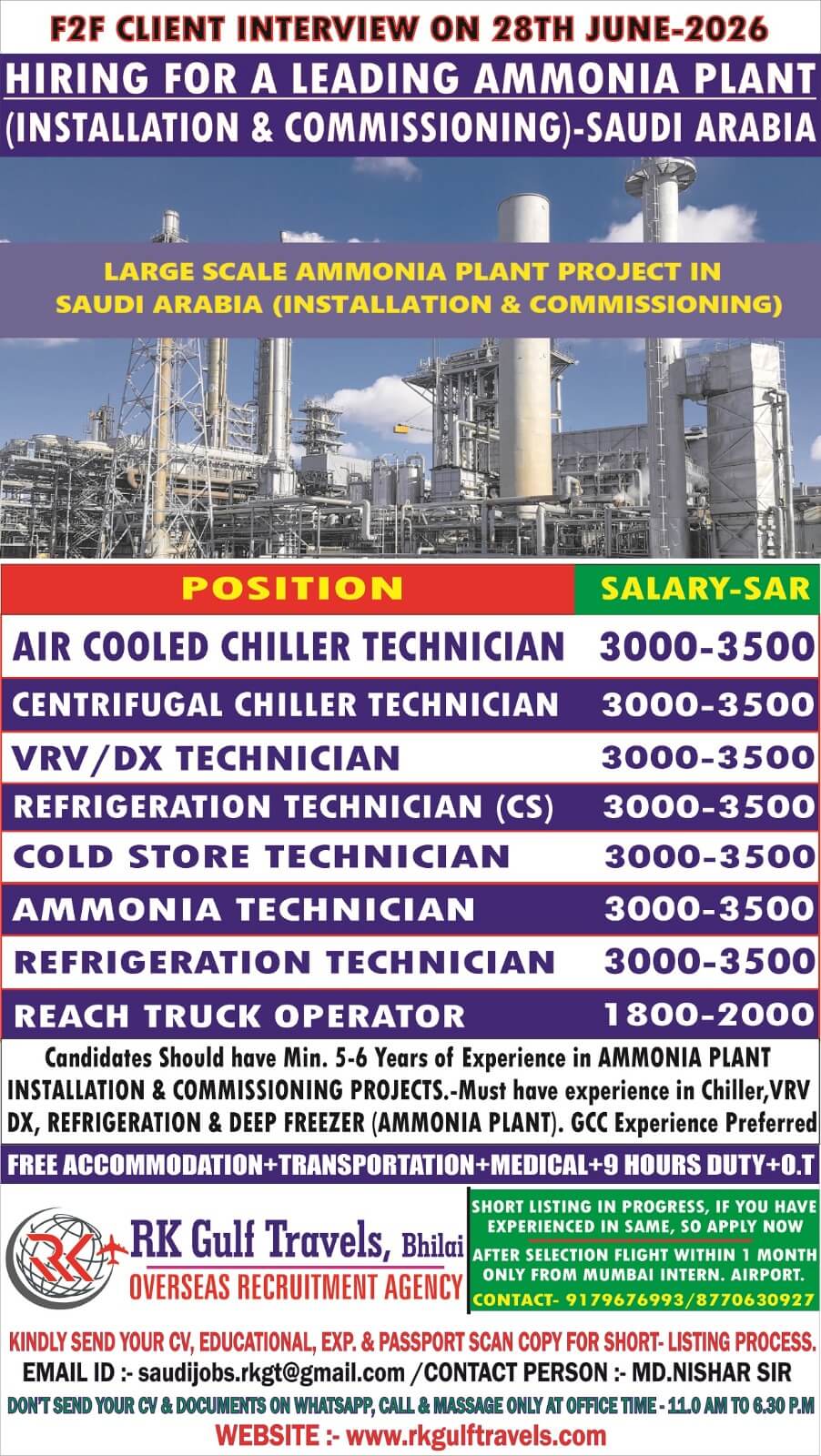 HIRING FOR A LEADING AMMONIA PLANT - SAUDI ARABIA.