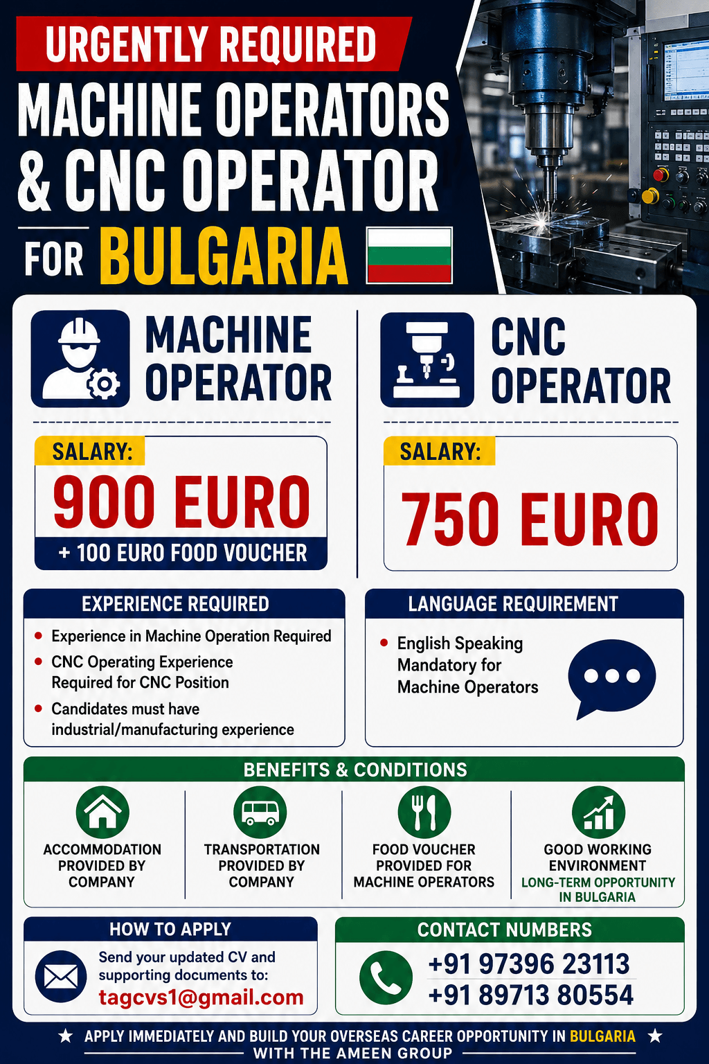 Urgently Required – Machine Operators & CNC Operator for Bulgaria Urgently Required – Machine Operators & CNC Operator for Bulgaria