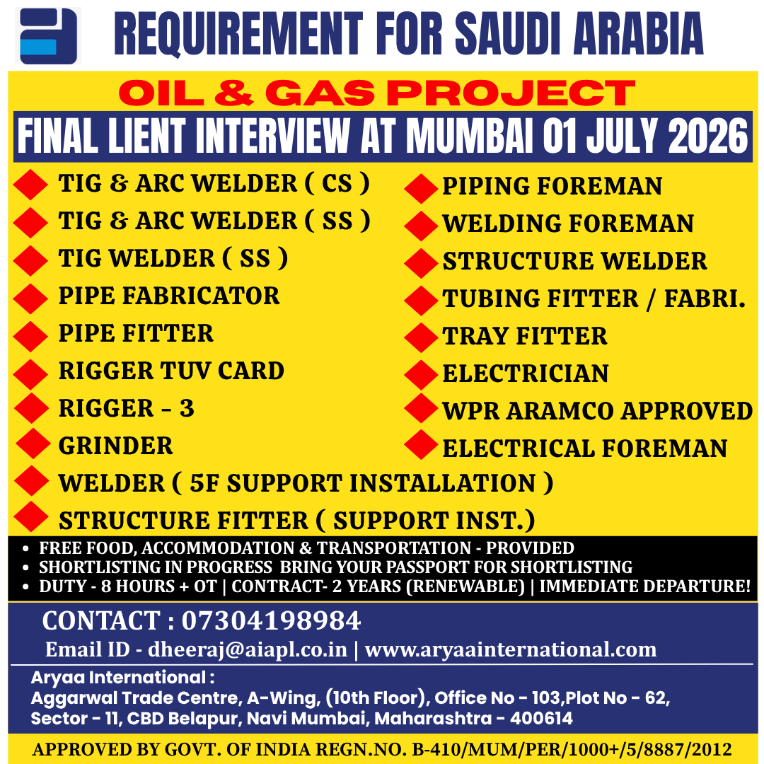 Urgent Hiring for Saudi Arabia – Oil & Gas Project