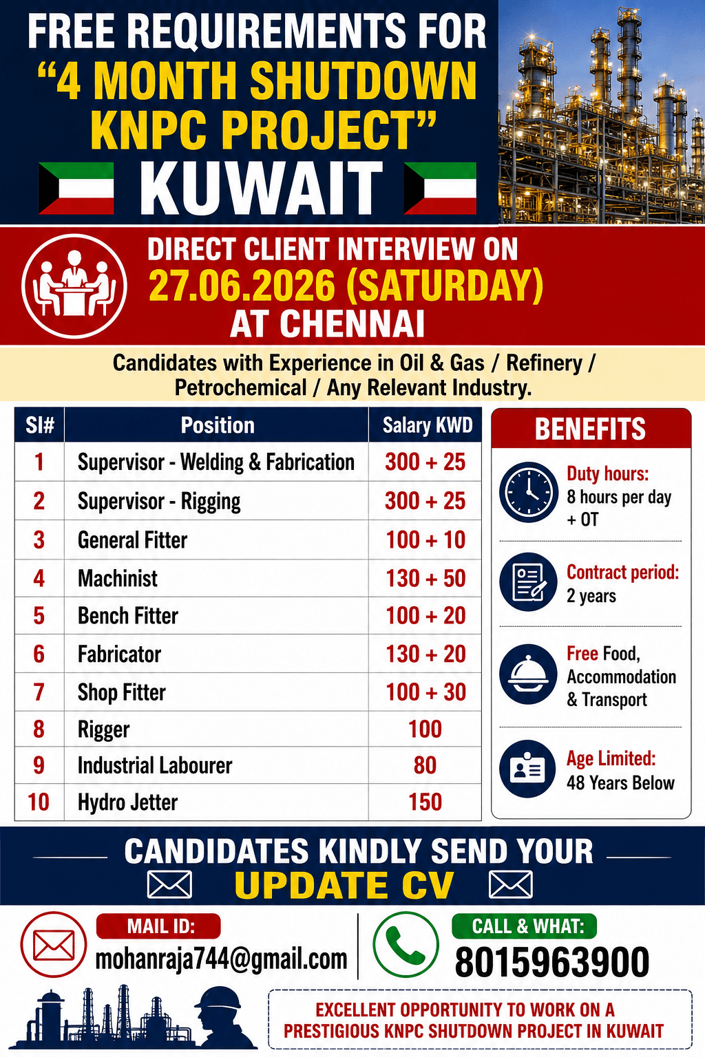 FREE REQUIREMENTS FOR "4 MONTH SHUTDOWN  KNPC PROJECT” KUWAIT   -  DIRECT CLIENT INTERVIEW ON 27.06.2026 (SATURDAY) AT CHENNAI