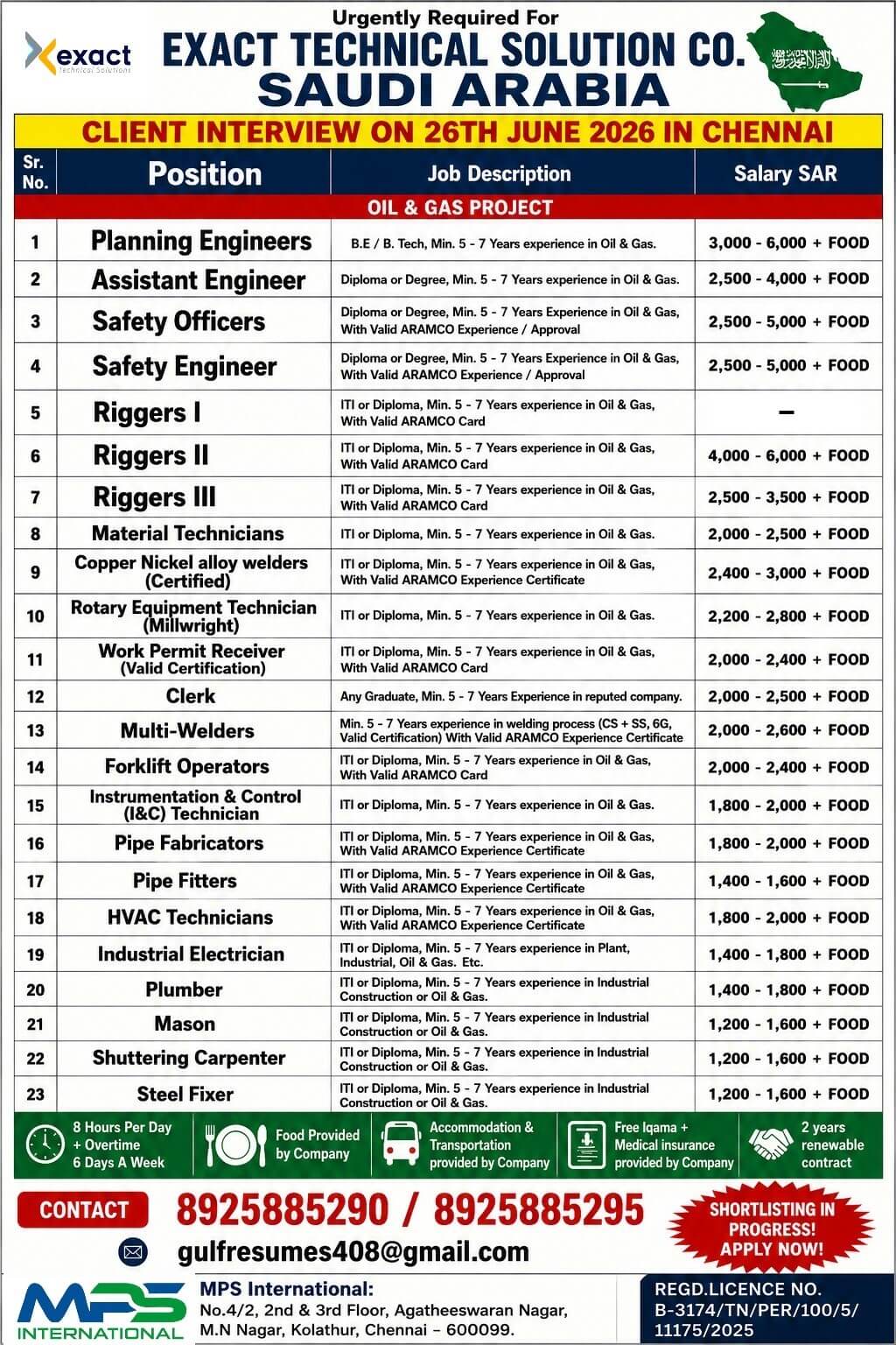 Urgently Required For EXACT TECHNICAL SOLUTION CO. SAUDI ARABIA CLIENT INTERVIEW ON 26TH JUNE 2026 IN CHENNAI Urgently Required For EXACT TECHNICAL SOLUTION CO. SAUDI ARABIA CLIENT INTERVIEW ON 26TH JUNE 2026 IN CHENNAI