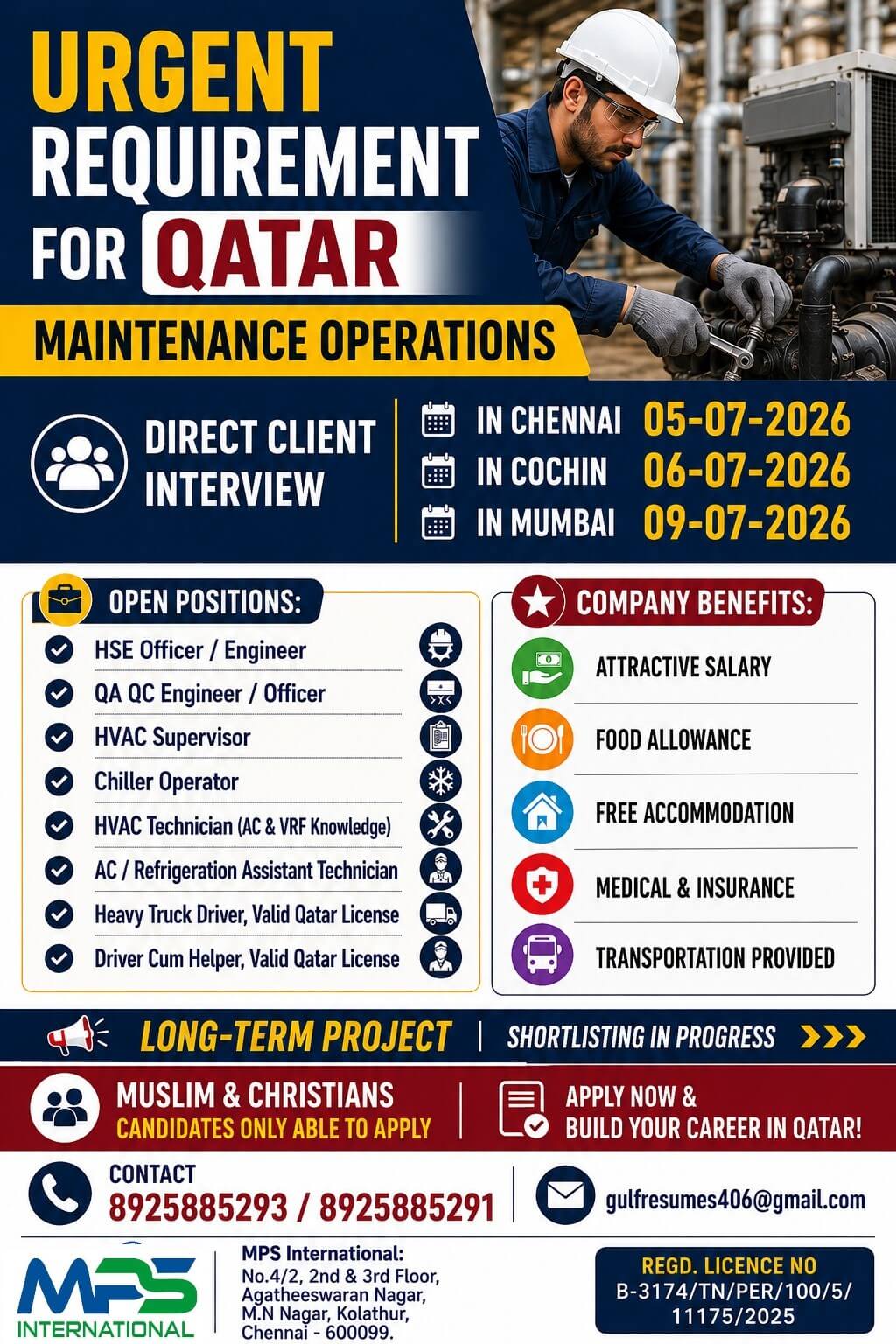 URGENT REQUIREMENT FOR QATAR MAINTENANCE OPERATIONS DIRECT CLIENT INTERVIEW IN CHENNAI – 05-07-2026 IN COCHIN – 06-07-2026 IN MUMBAI – 09-07-2026 URGENT REQUIREMENT FOR QATAR MAINTENANCE OPERATIONS DIRECT CLIENT INTERVIEW IN CHENNAI – 05-07-2026 IN COCHIN – 06-07-2026 IN MUMBAI – 09-07-2026