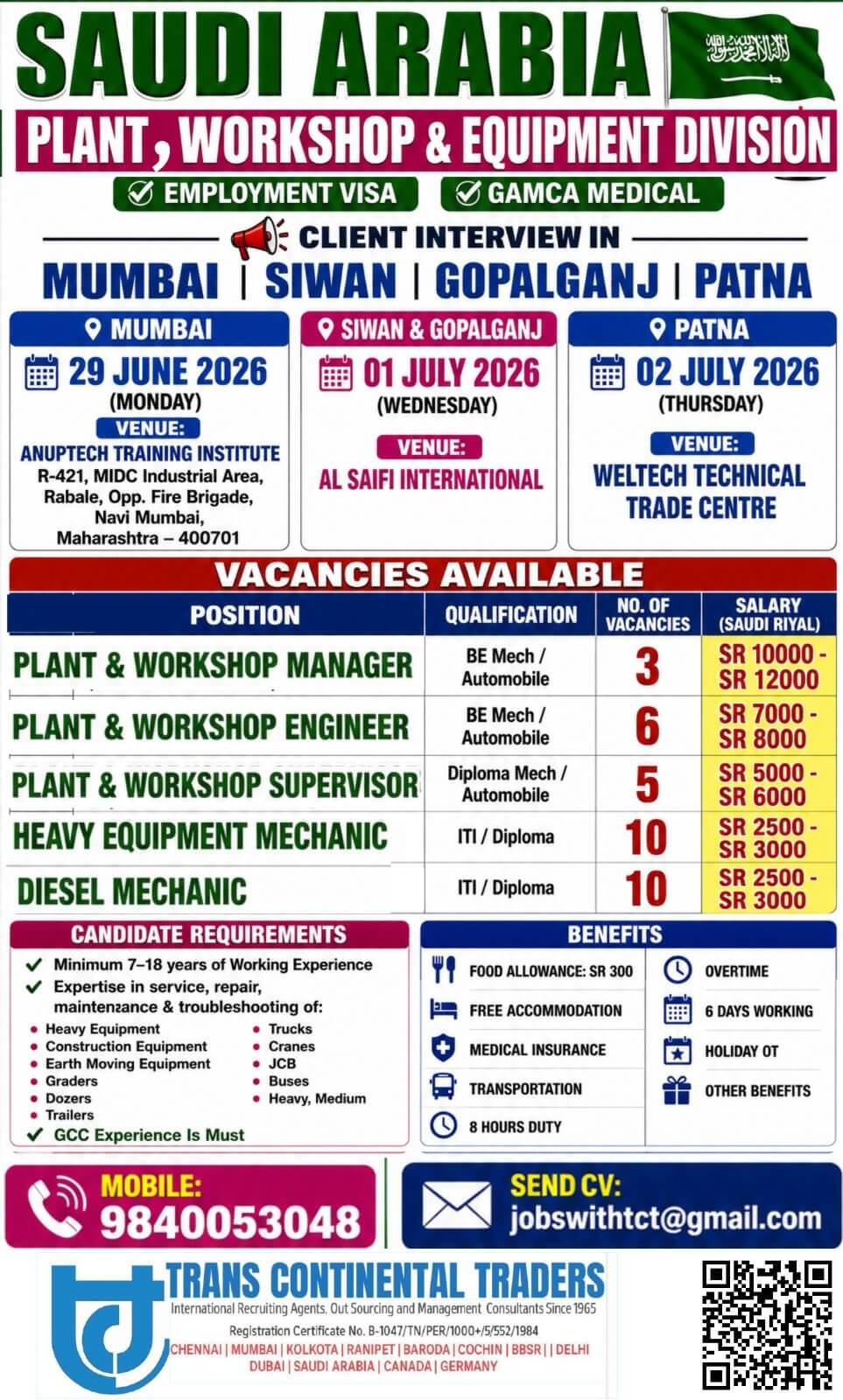 HIRING FOR PLANT ,WORKSHOP & EQUIPMENTS MAINTENANCE DIVISION SAUDI ARABIA | CLIENT INTERVIEWS IN MUMBAI 29 JUNE 2026 | SIWAN & GOPALGANJ 01 JULY 2026 | PATNA 02 JULY 2026 CALL FOR MORE DETAILS 9791553048 HIRING FOR PLANT ,WORKSHOP & EQUIPMENTS MAINTENANCE DIVISION SAUDI ARABIA | CLIENT INTERVIEWS IN MUMBAI 29 JUNE 2026 | SIWAN & GOPALGANJ 01 JULY 2026 | PATNA 02 JULY 2026 CALL FOR MORE DETAILS 9791553048