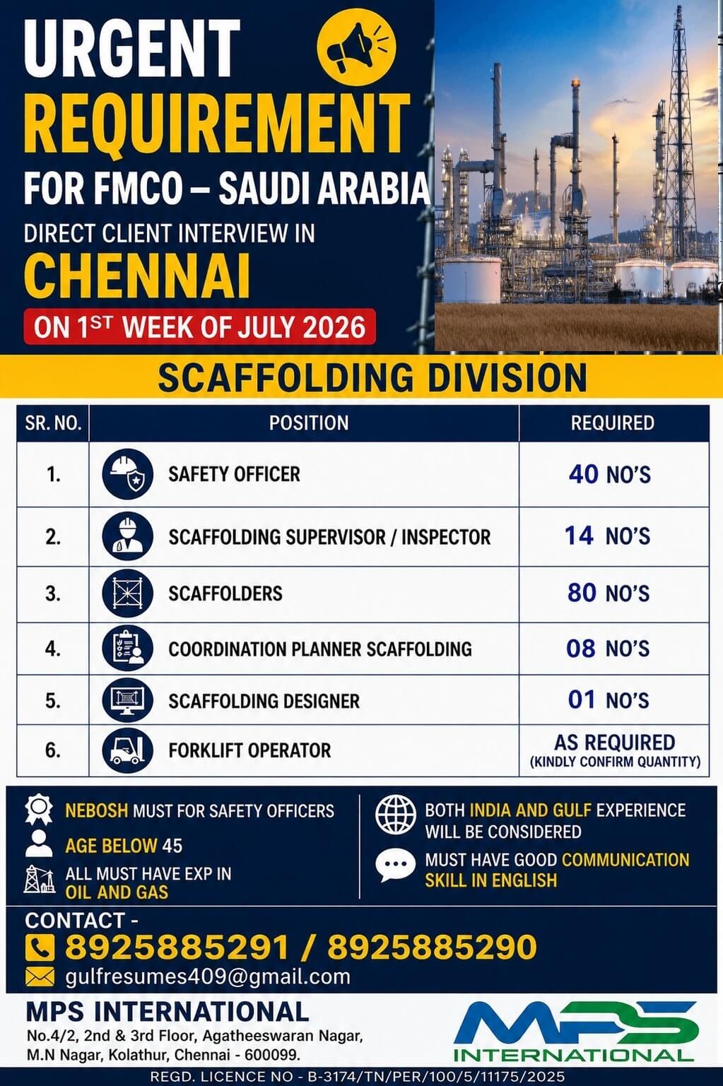 URGENT REQUIREMENT FOR FMCO – SAUDI ARABIA DIRECT CLIENT INTERVIEW IN CHENNAI ON 1ST WEEK OF JULY 2026 SCAFFOLDING DIVISION URGENT REQUIREMENT FOR FMCO – SAUDI ARABIA DIRECT CLIENT INTERVIEW IN CHENNAI ON 1ST WEEK OF JULY 2026 SCAFFOLDING DIVISION