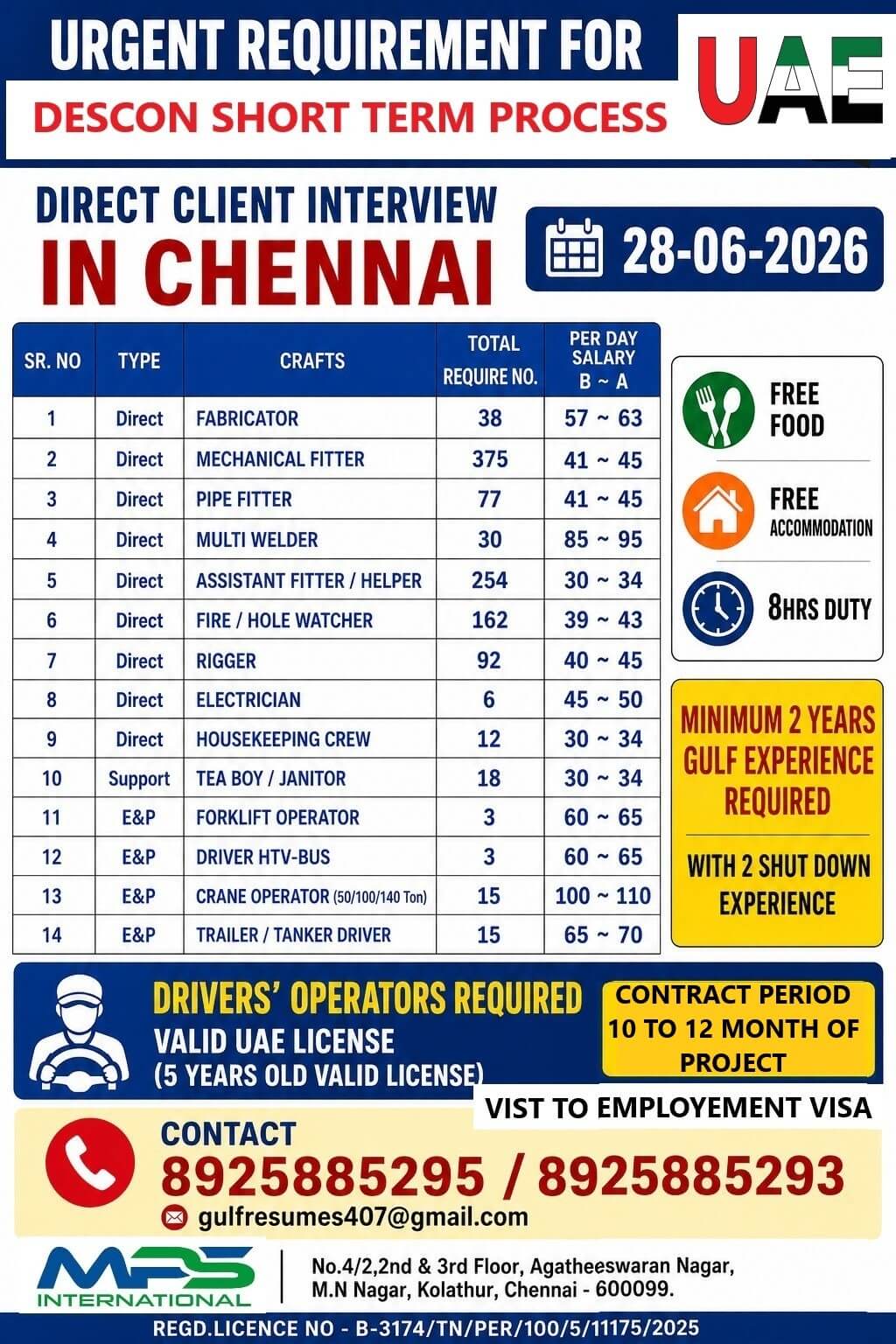 URGENT REQUIREMENT FOR UAE DESCON SHORT TERM PROCESS DIRECT CLIENT INTERVIEW IN CHENNAI 28-06-2026 URGENT REQUIREMENT FOR UAE DESCON SHORT TERM PROCESS DIRECT CLIENT INTERVIEW IN CHENNAI 28-06-2026